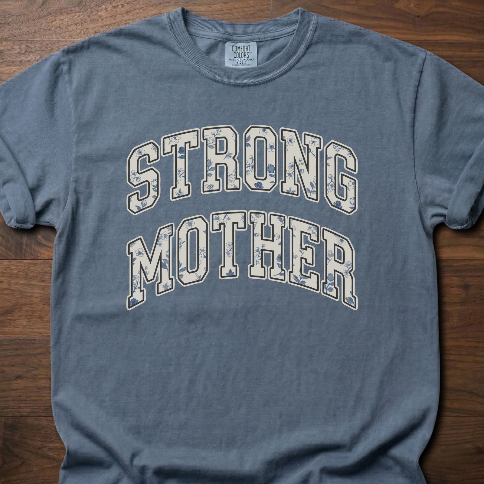 Strong Mother strength training t-shirt with bold varsity lettering design – Blue Jean