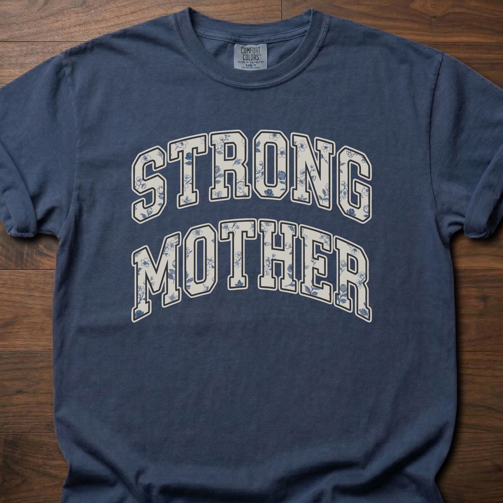 Strong Mother strength training t-shirt with bold varsity lettering design – Navy