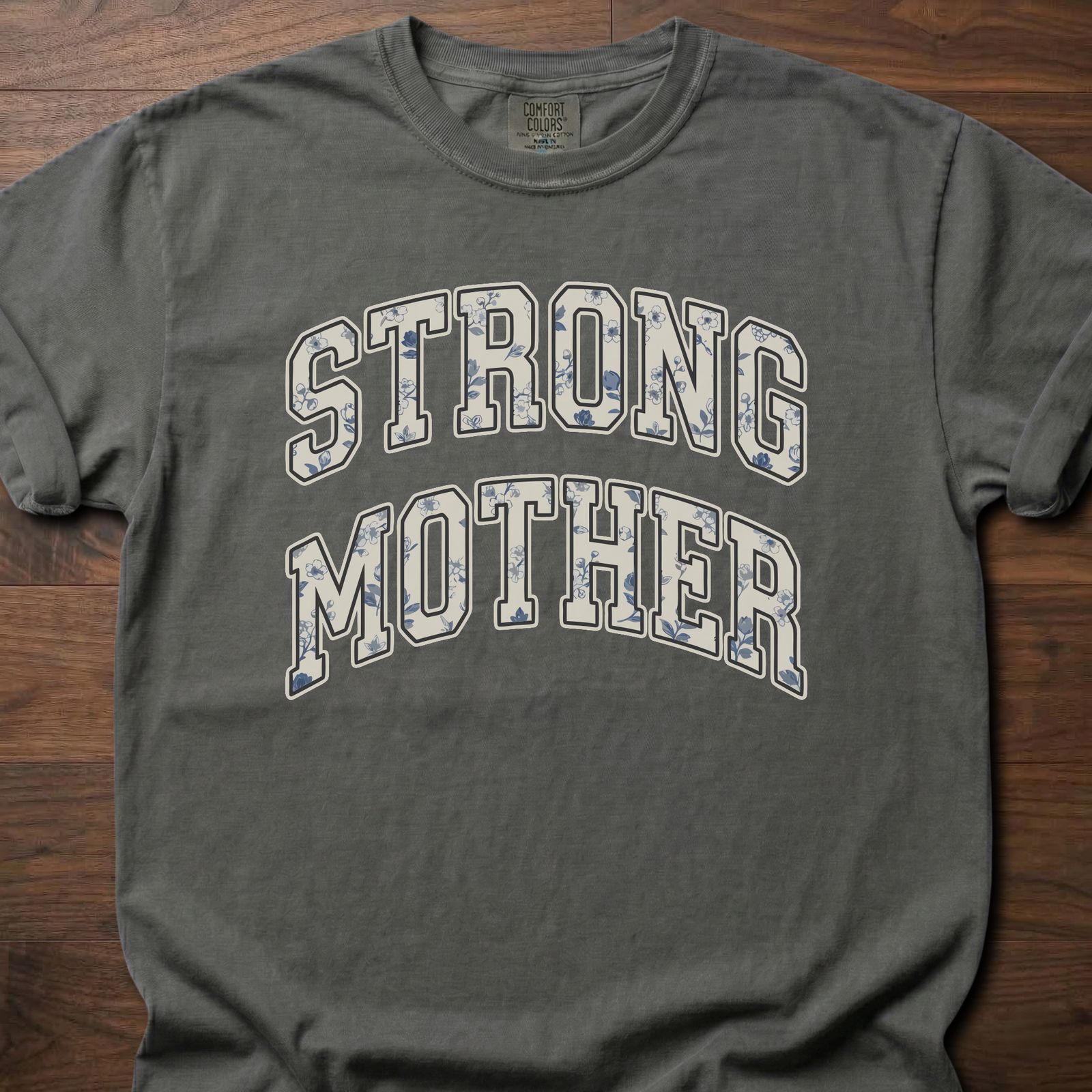 Strong Mother strength training t-shirt with bold varsity lettering design – Pepper