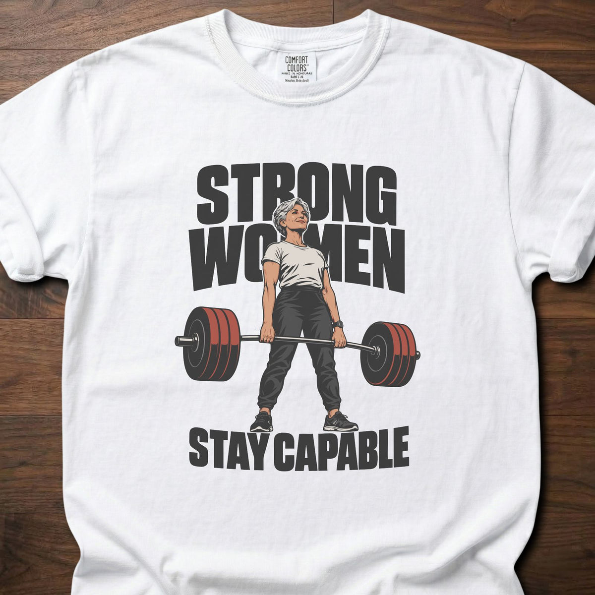 Strong Women strength training t-shirt with bold vintage-style illustrated graphic – White