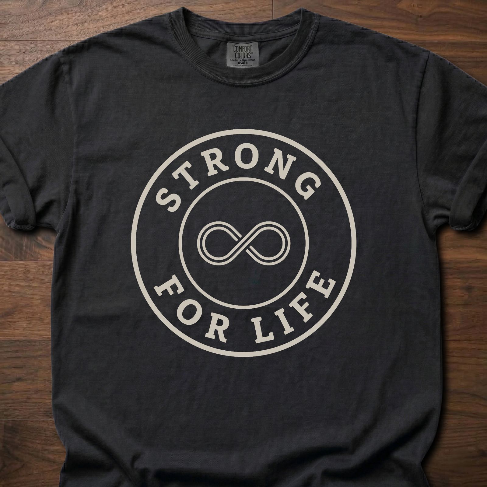 Strong For Life strength training t-shirt with infinity symbol and circular badge design – Black
