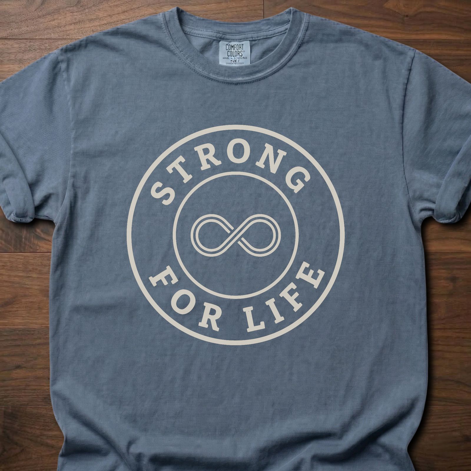 Strong For Life strength training t-shirt with infinity symbol and circular badge design – Blue Jean