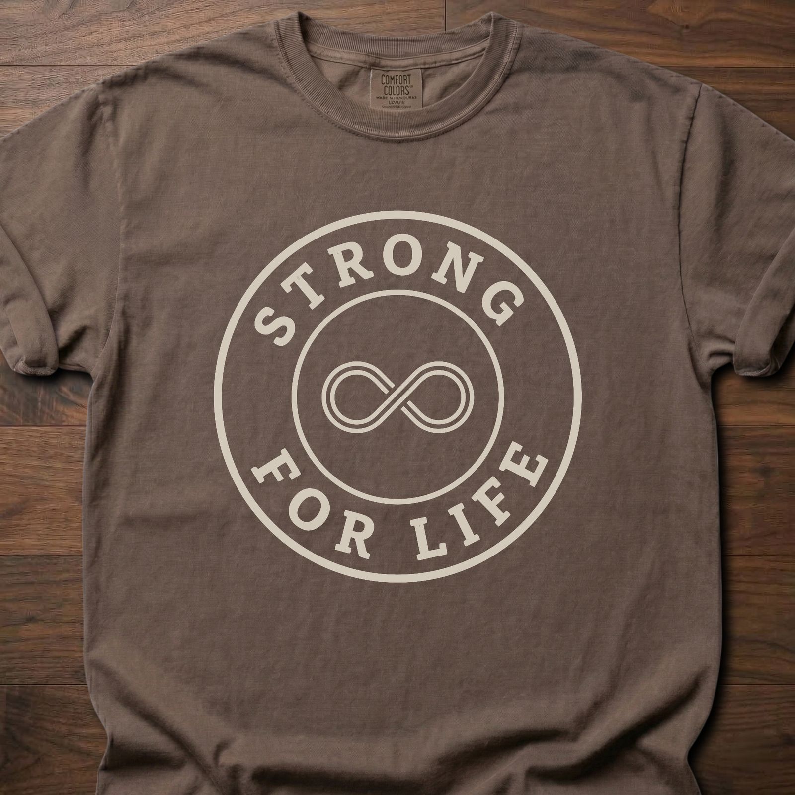 Strong For Life strength training t-shirt with infinity symbol and circular badge design – Espresso