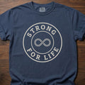 Strong For Life strength training t-shirt with infinity symbol and circular badge design – Navy