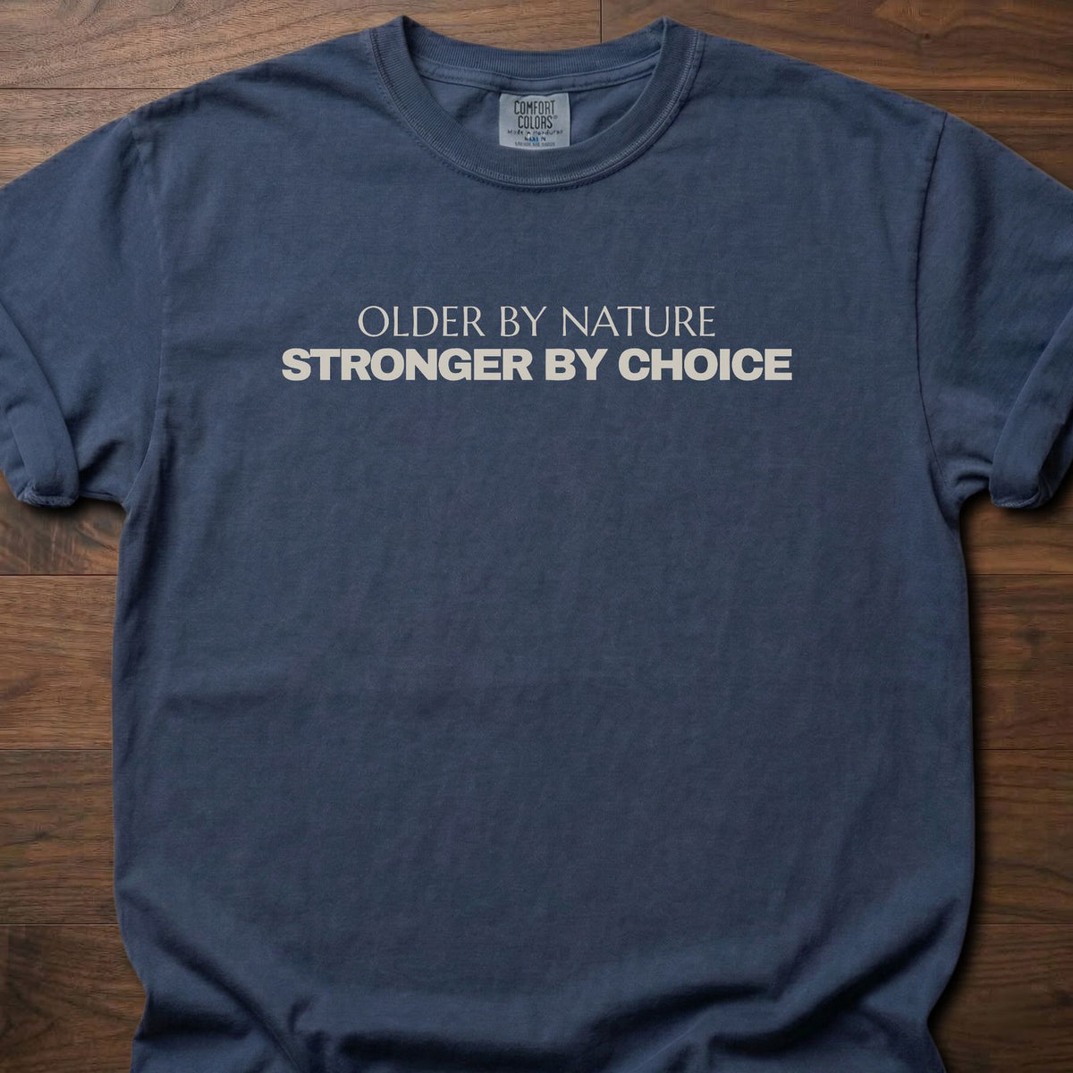 Stronger By Choice strength training t-shirt with clean distressed typographic graphic – Navy