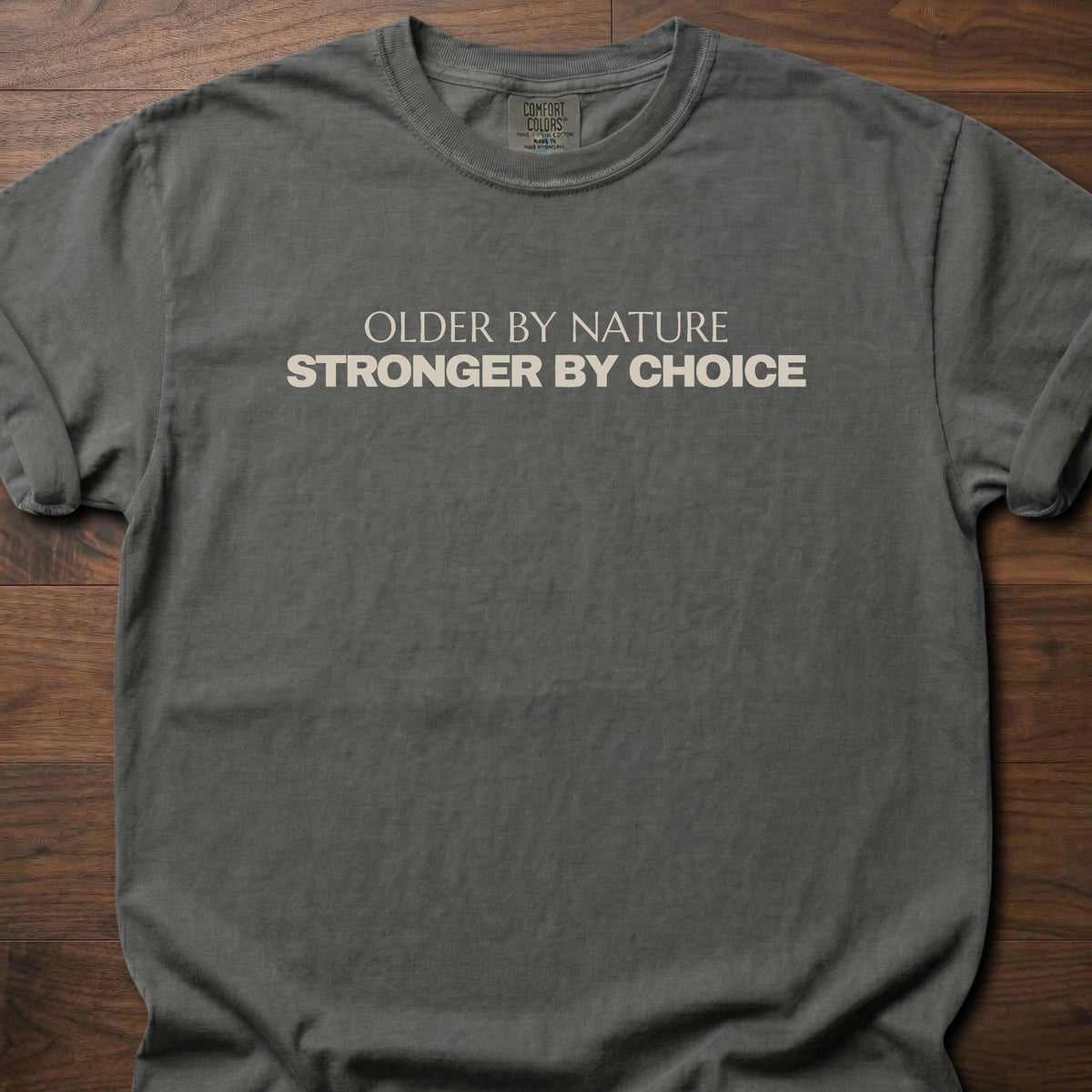 Stronger By Choice strength training t-shirt with clean distressed typographic graphic – Pepper