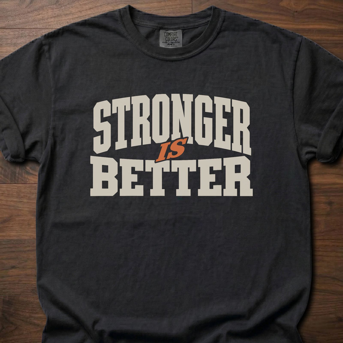Stronger Is Better strength training t-shirt with bold collegiate block letter graphic – Black