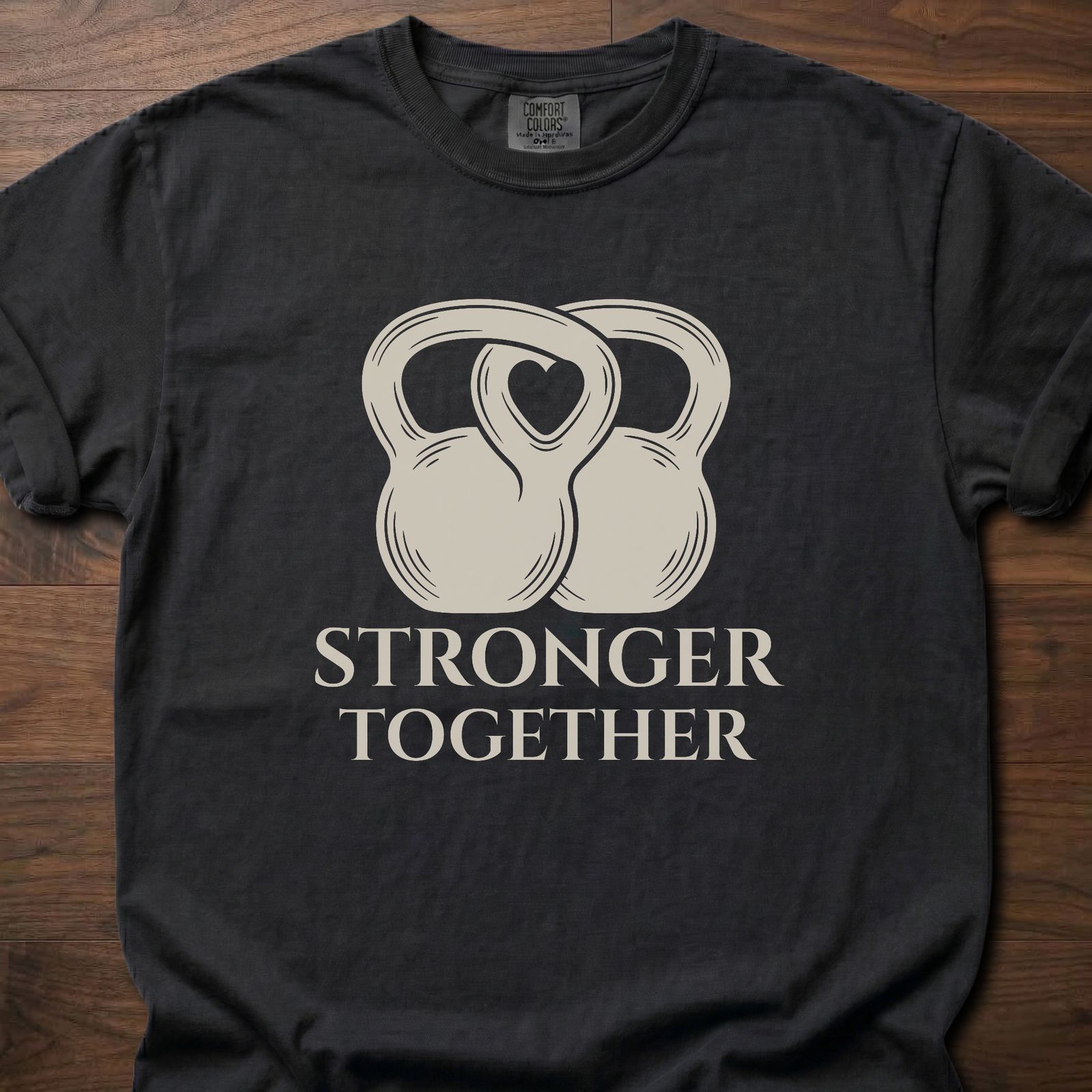 Stronger Together fitness lifestyle t shirts with interlocked kettlebell design – Black