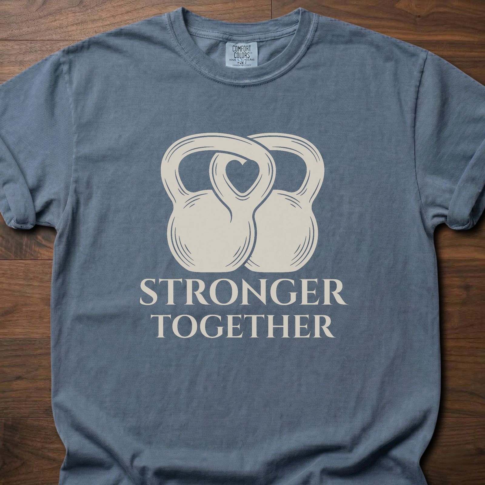 Stronger Together fitness lifestyle t shirts with interlocked kettlebell design – Blue Jean