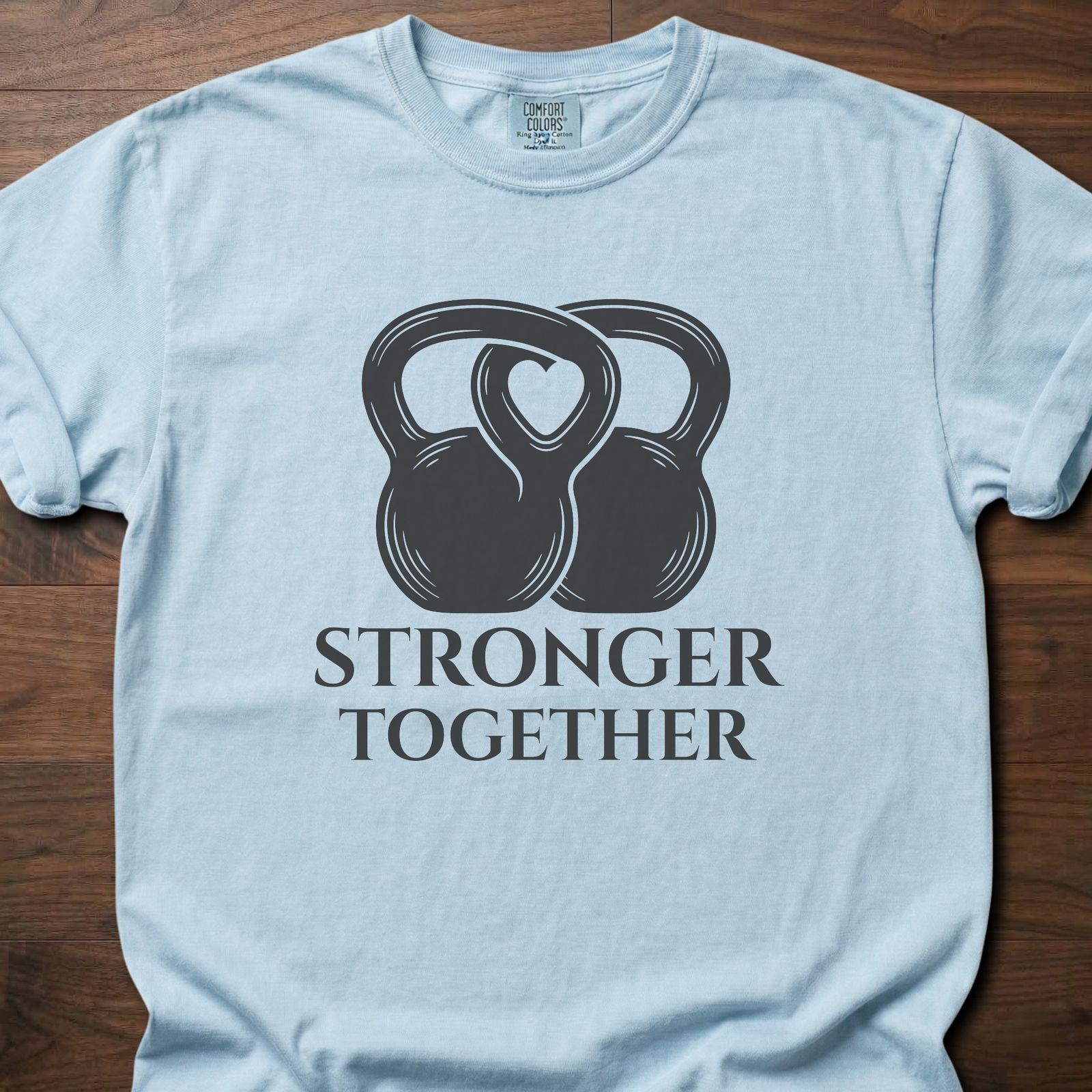 Stronger Together fitness lifestyle t shirts with interlocked kettlebell design – Chambray