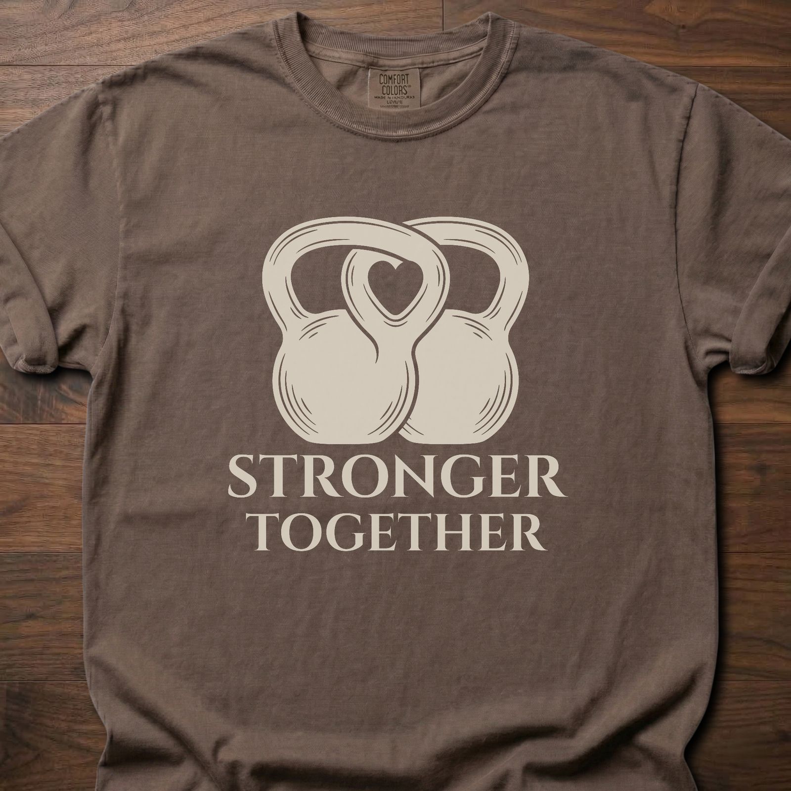 Stronger Together fitness lifestyle t shirts with interlocked kettlebell design – Espresso