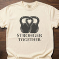 Stronger Together fitness lifestyle t shirts with interlocked kettlebell design – Ivory