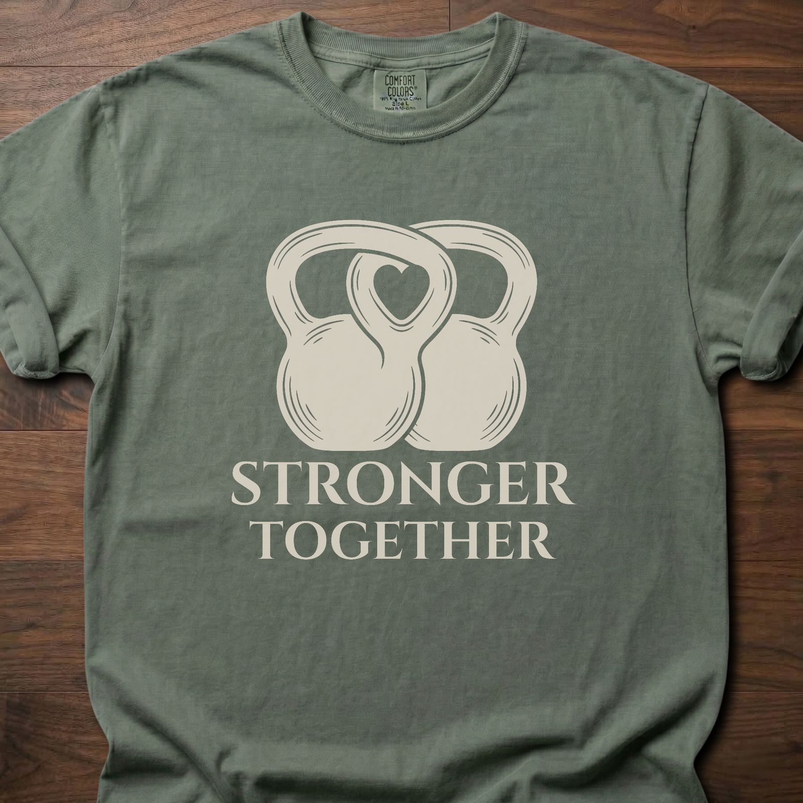 Stronger Together fitness lifestyle t shirts with interlocked kettlebell design – Moss