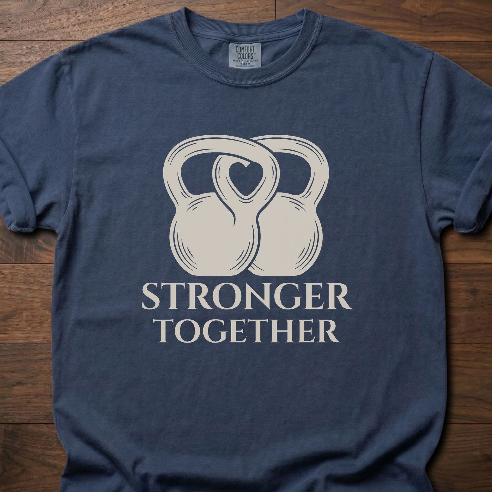 Stronger Together fitness lifestyle t shirts with interlocked kettlebell design – Navy