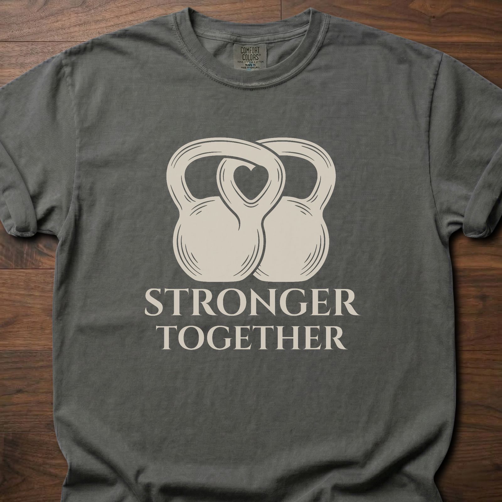 Stronger Together fitness lifestyle t shirts with interlocked kettlebell design – Pepper