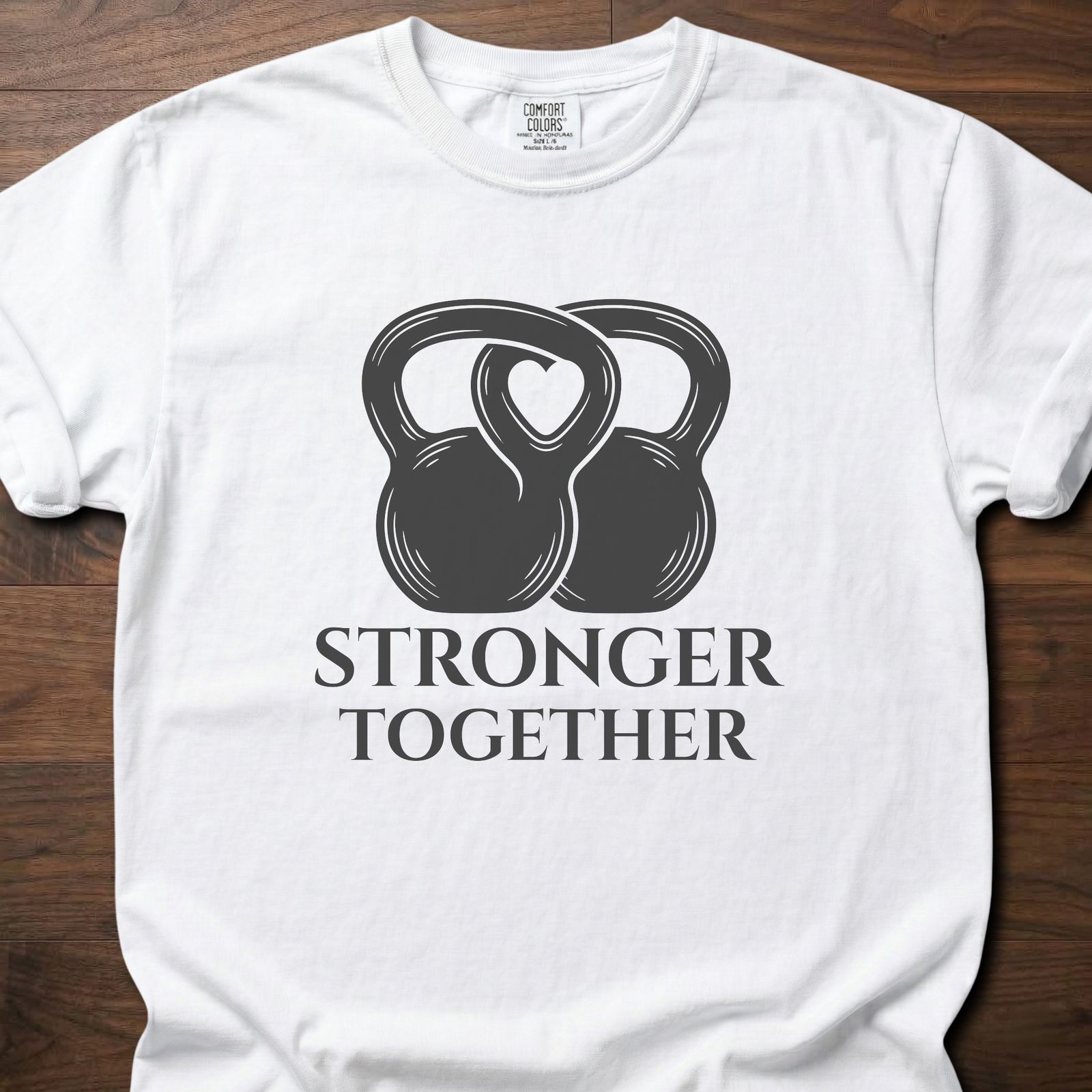 Stronger Together fitness lifestyle t shirts with interlocked kettlebell design – White