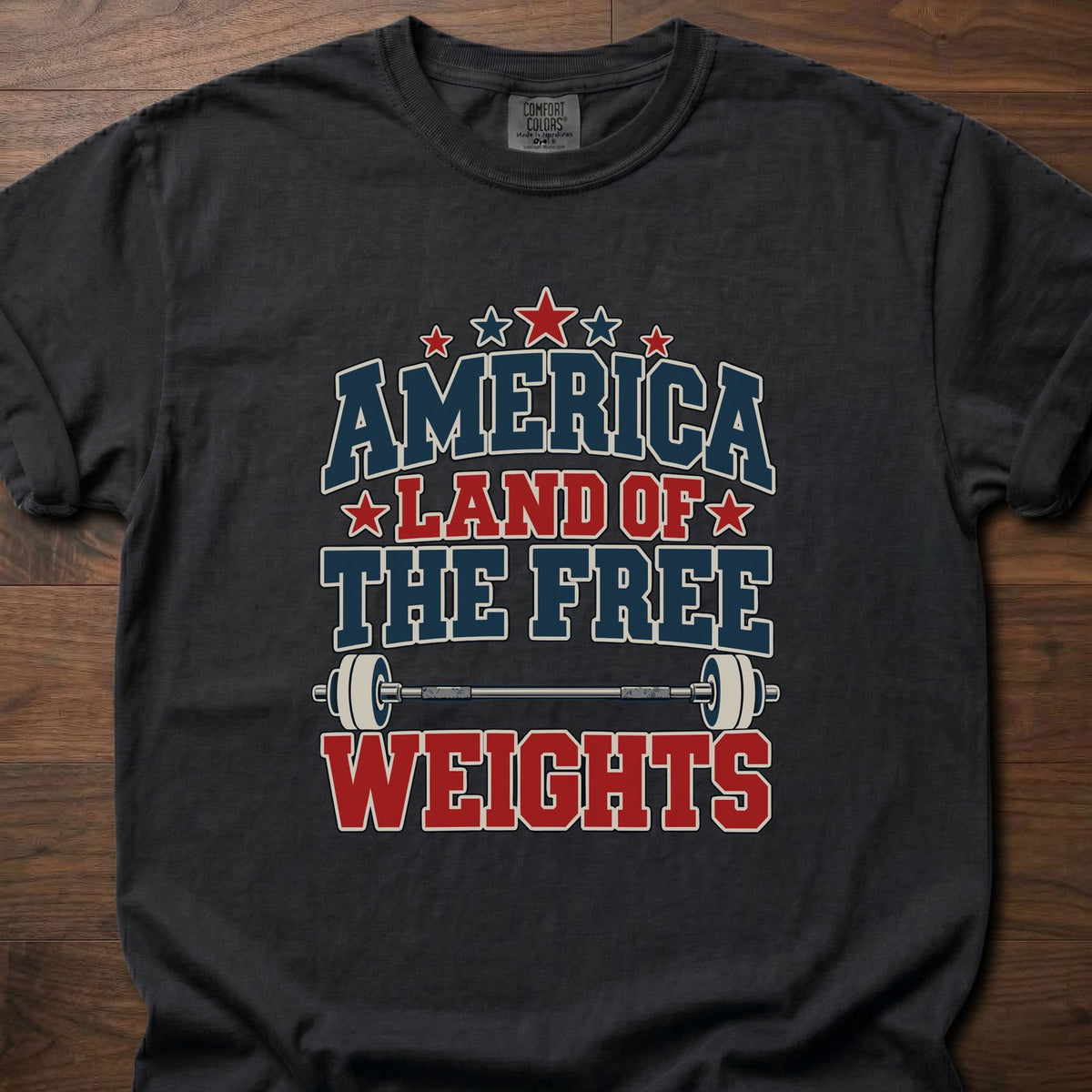 The Free Weights funny gym shirt with bold vintage collegiate-style block graphic – Black