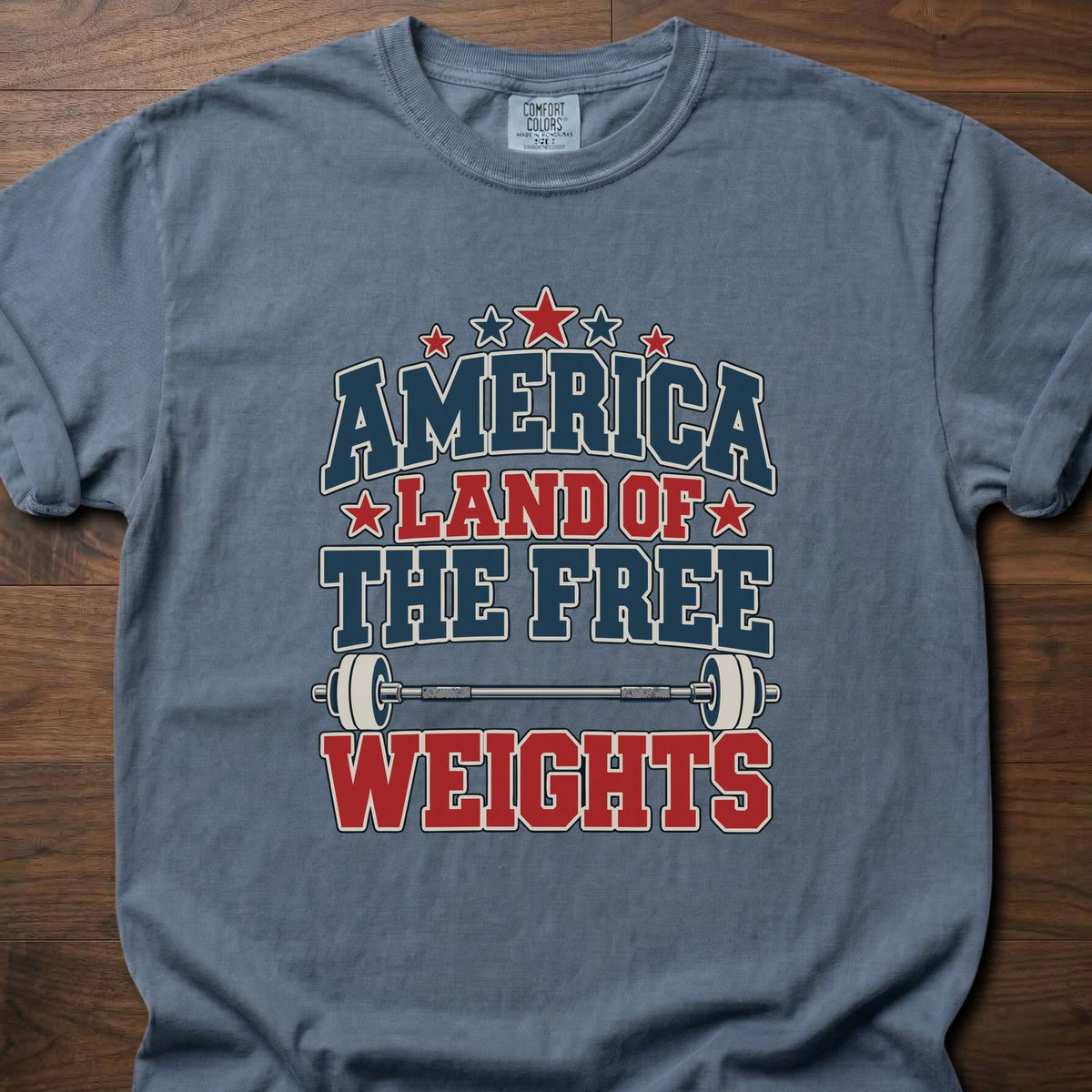 The Free Weights funny gym shirt with bold vintage collegiate-style block graphic – Blue Jean