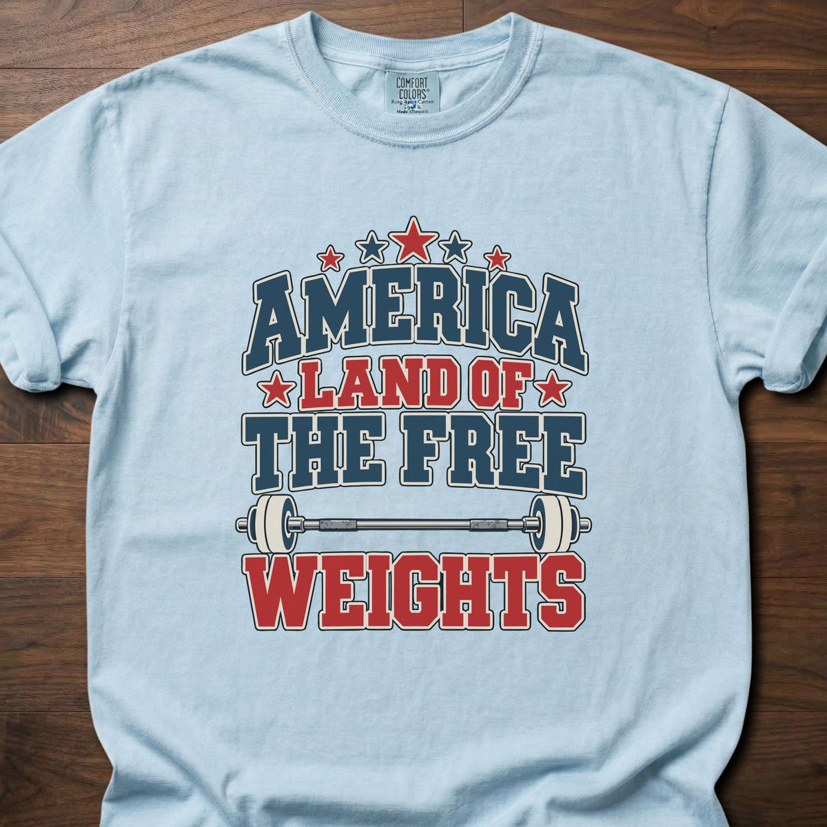 The Free Weights funny gym shirt with bold vintage collegiate-style block graphic – Chambray