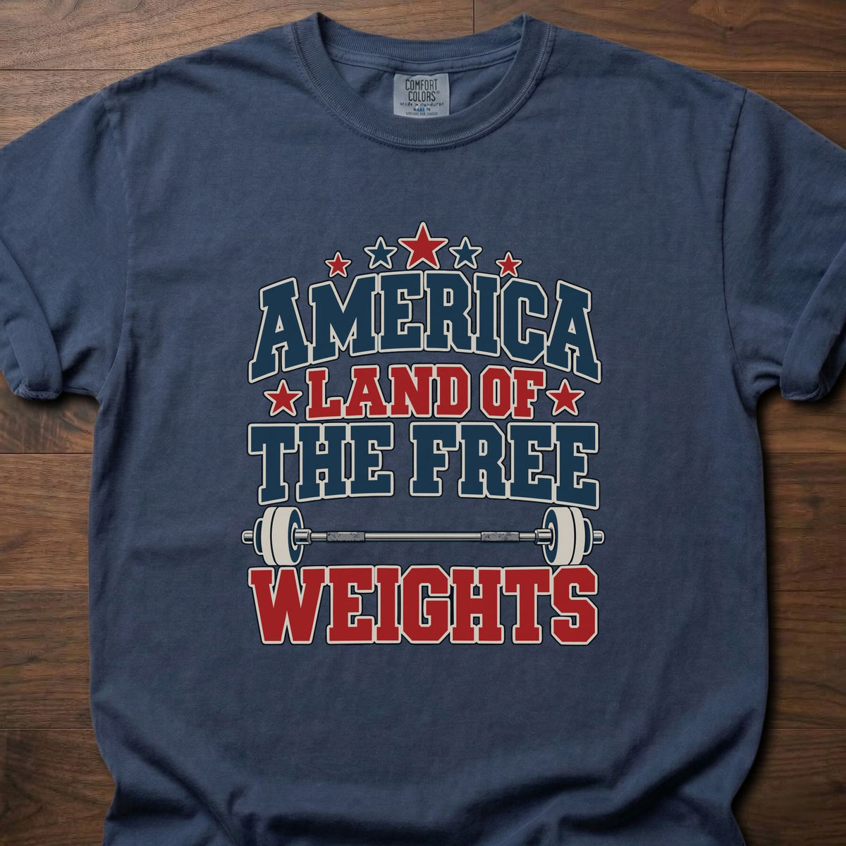 The Free Weights funny gym shirt with bold vintage collegiate-style block graphic – Navy