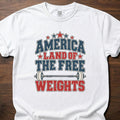 The Free Weights funny gym shirt with bold vintage collegiate-style block graphic – White