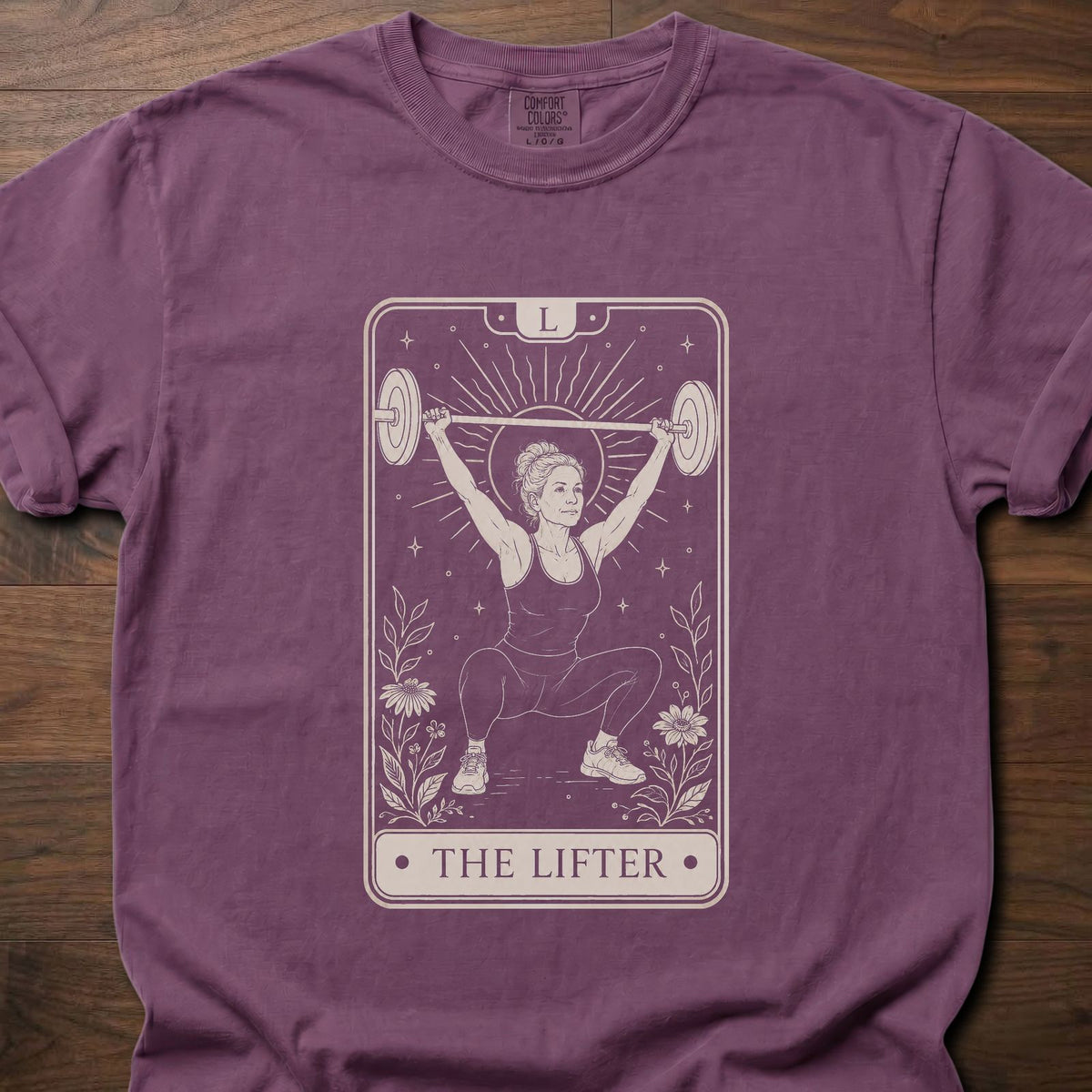 The Lifter gym lifestyle shirt with tarot card graphic of a woman doing an overhead squat – Berry