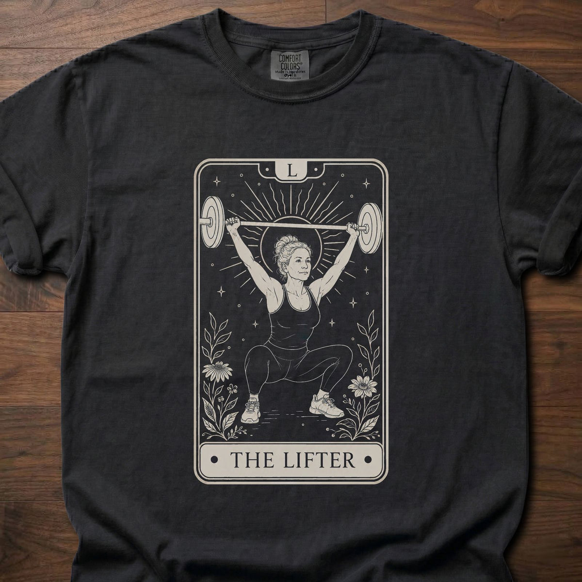 The Lifter gym lifestyle shirt with tarot card graphic of a woman doing an overhead squat – Black