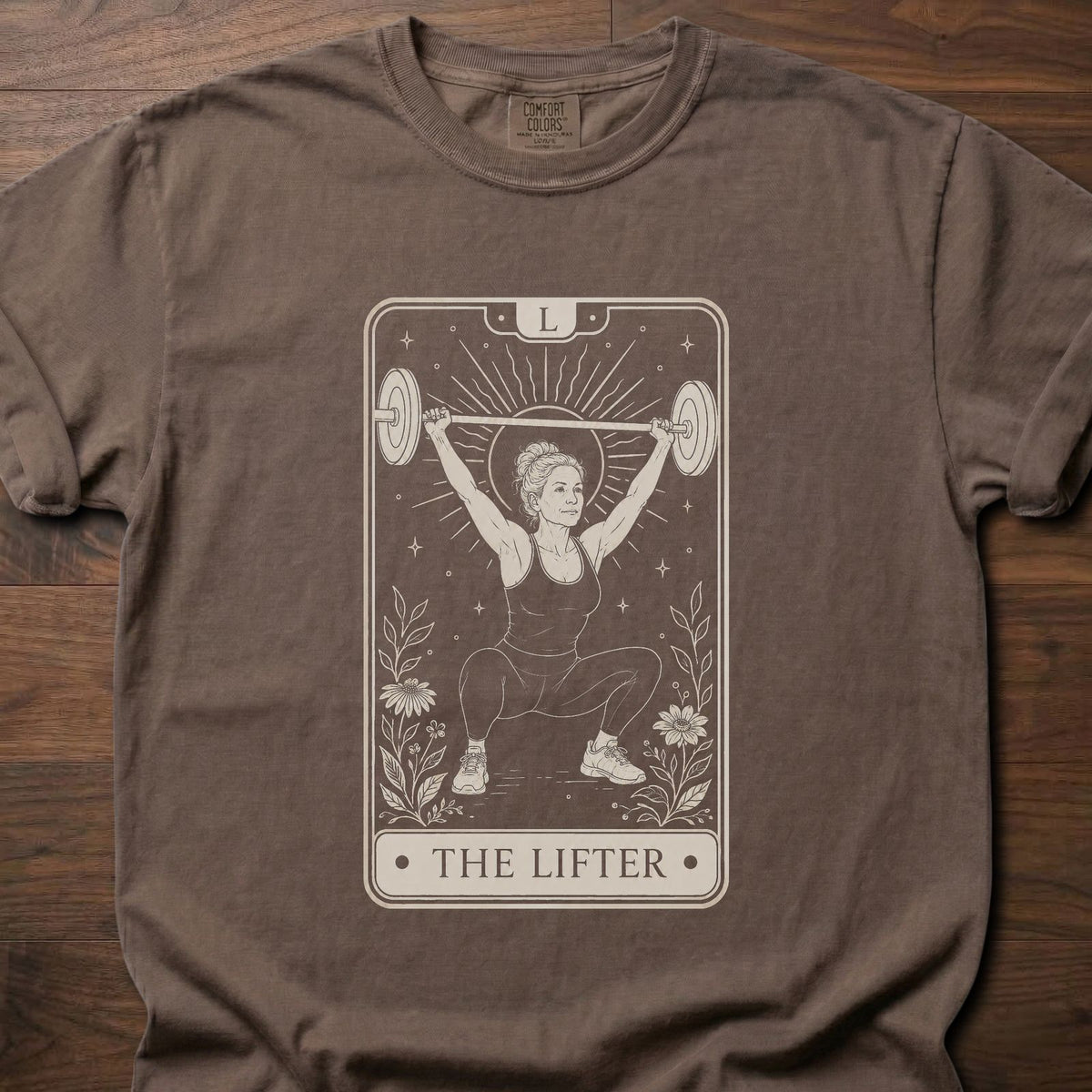 The Lifter gym lifestyle shirt with tarot card graphic of a woman doing an overhead squat – Espresso