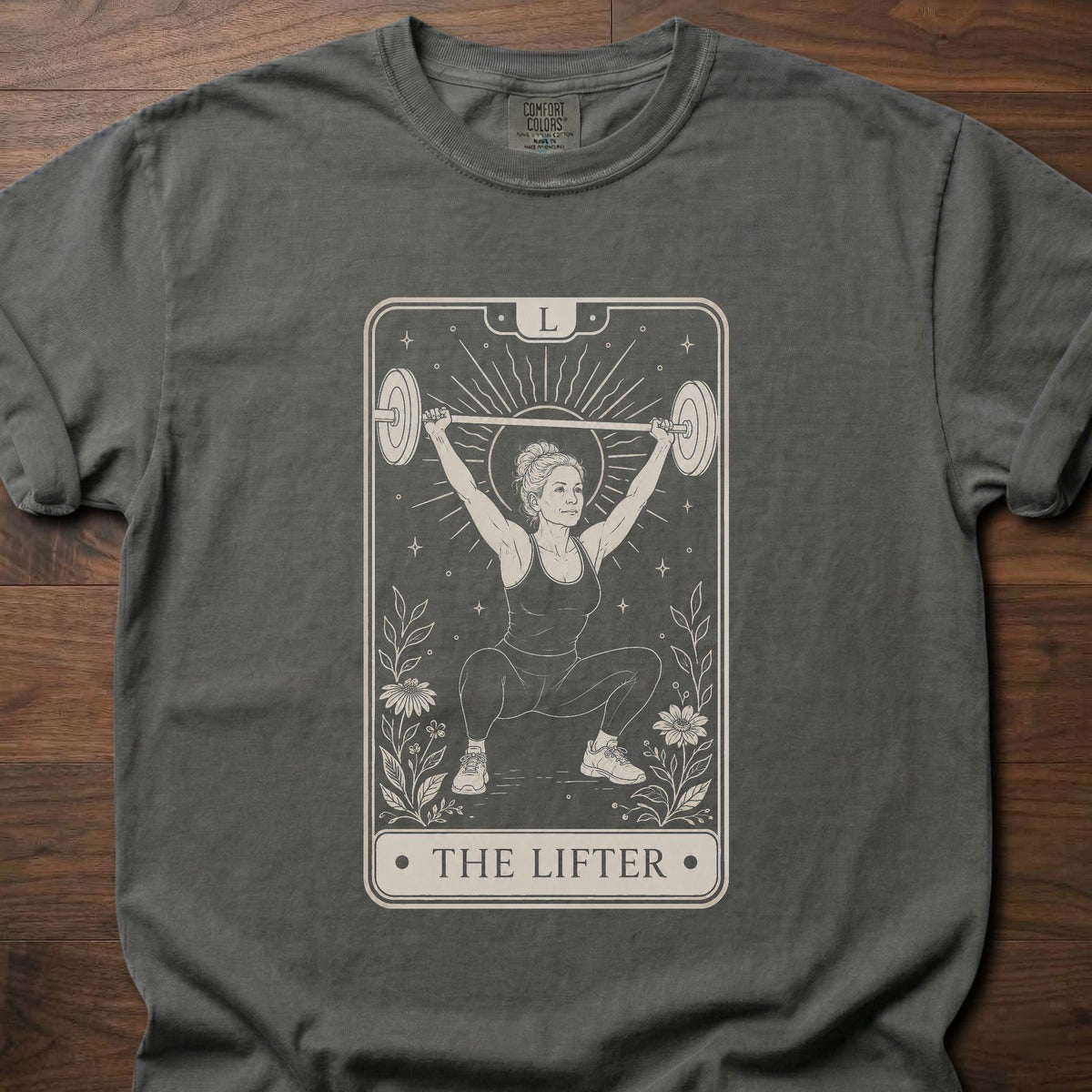 The Lifter gym lifestyle shirt with tarot card graphic of a woman doing an overhead squat – Pepper