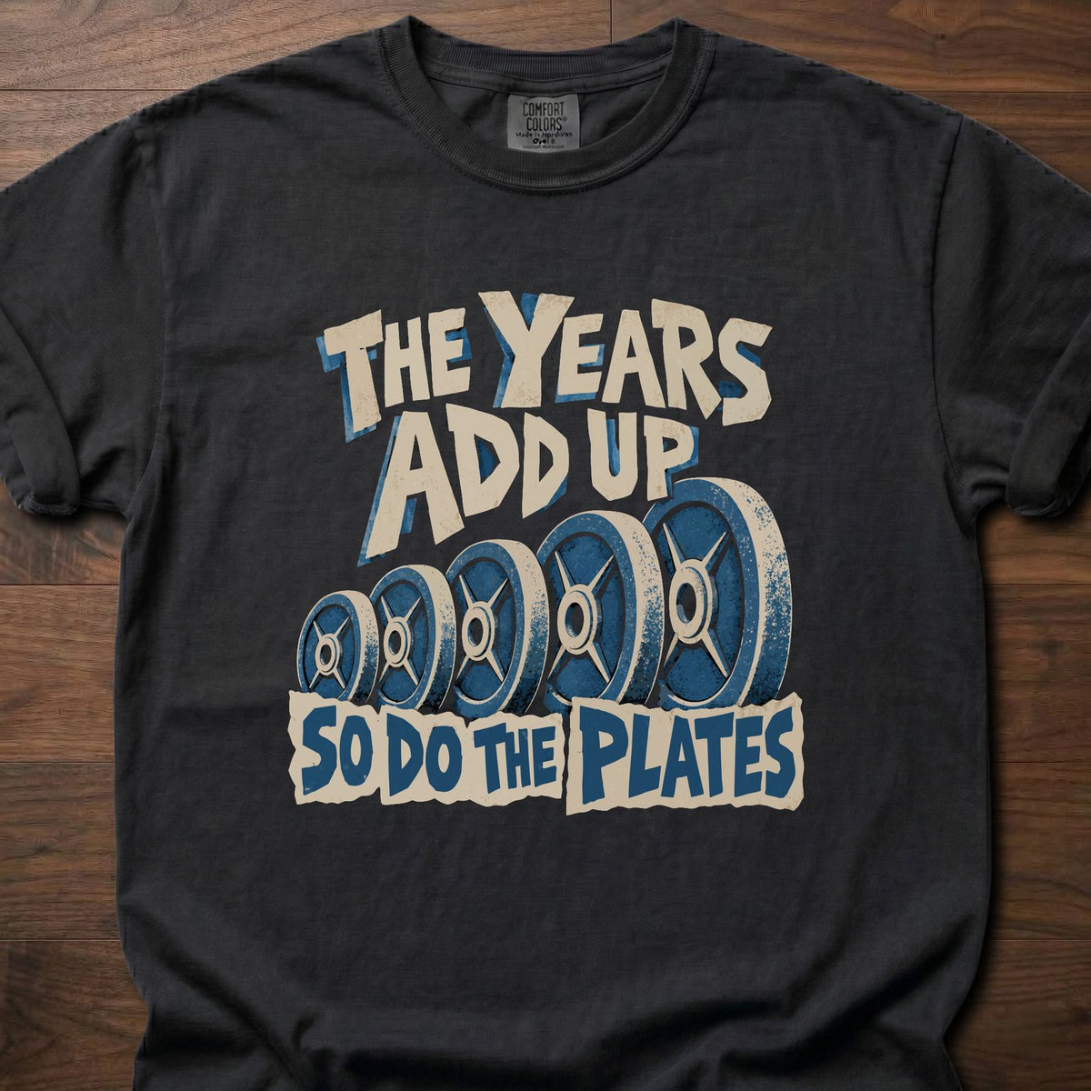 The Years Add Up funny weightlifting shirt with bold distressed retro block graphic – Black