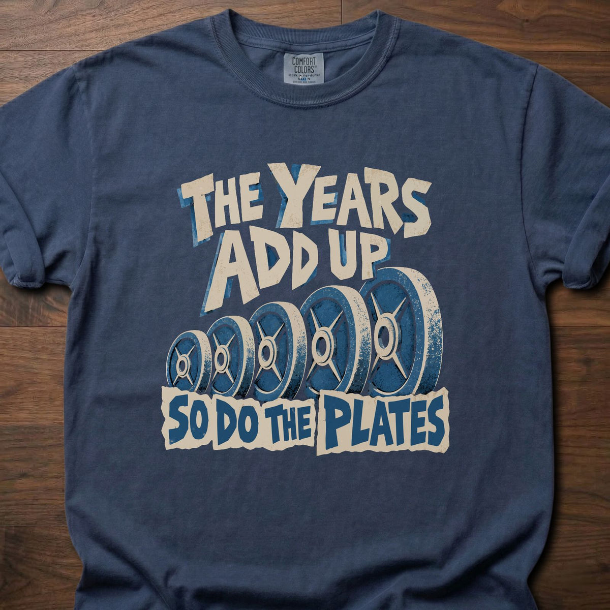 The Years Add Up funny weightlifting shirt with bold distressed retro block graphic – Navy
