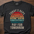 Today's Reps T-Shirt featuring weight plate graphic with longevity fitness apparel message – Black