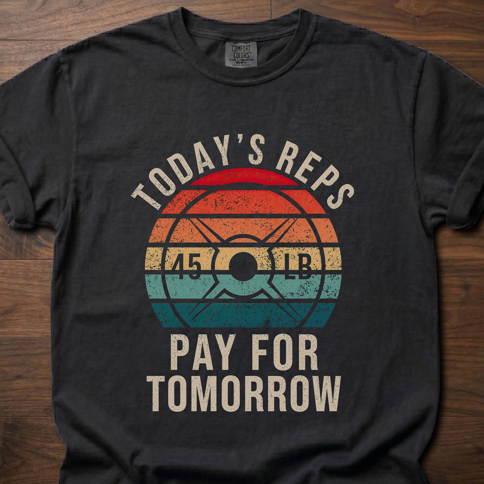 Today's Reps T-Shirt featuring weight plate graphic with longevity fitness apparel message – Black