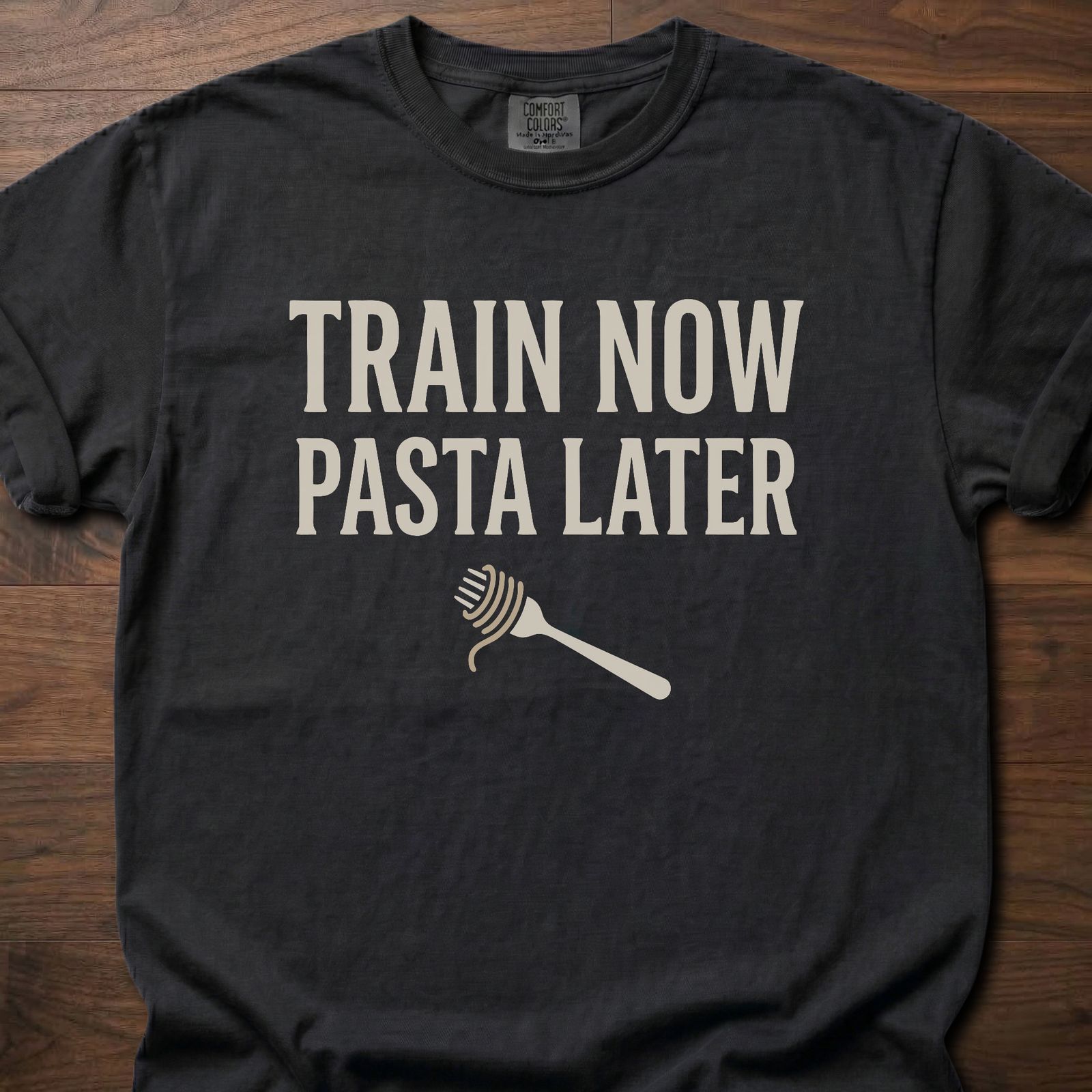 Train Now Pasta Later gym lifestyle shirt with pasta fork graphic for carb-loving lifters – Black