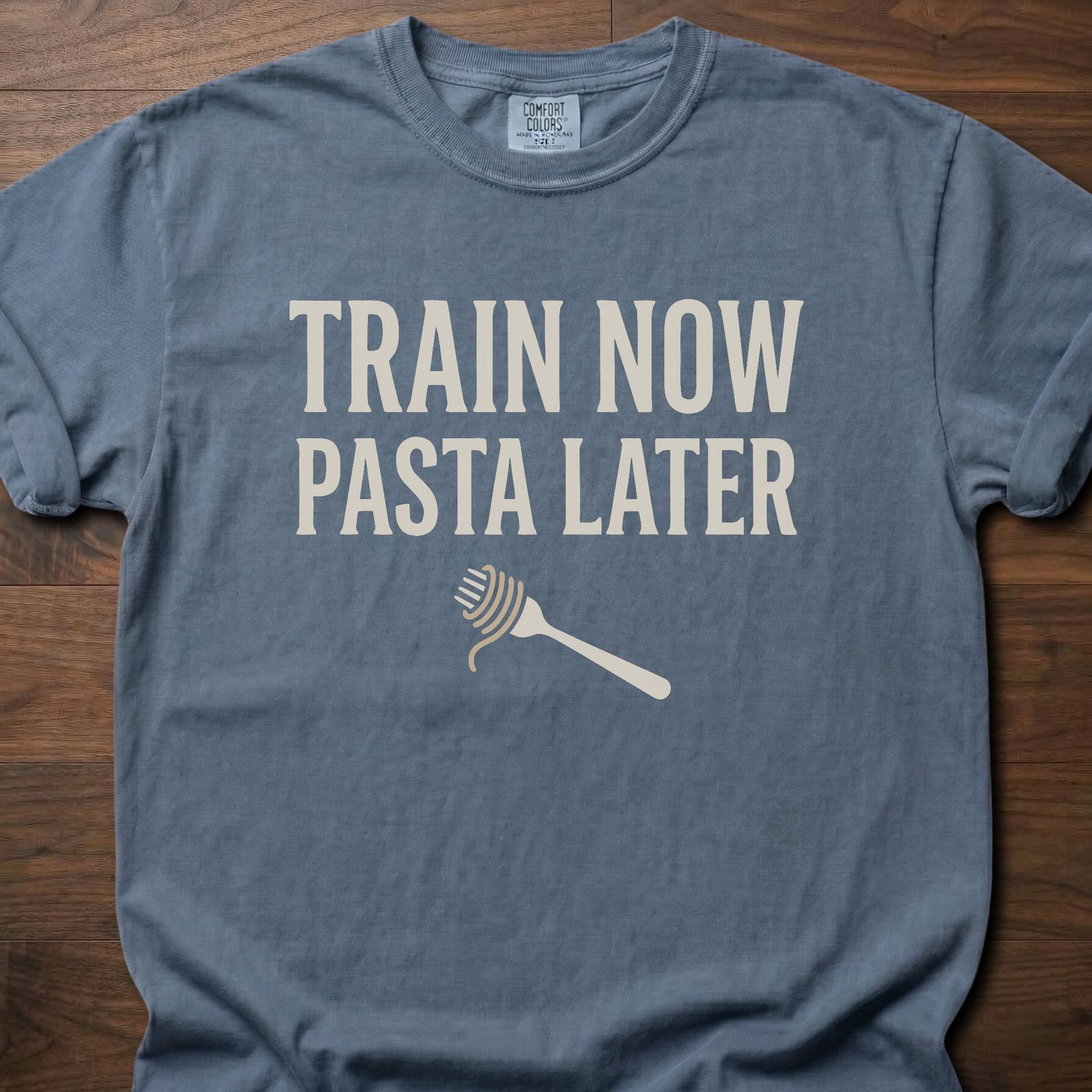 Train Now Pasta Later gym lifestyle shirt with pasta fork graphic for carb-loving lifters – Blue Jean