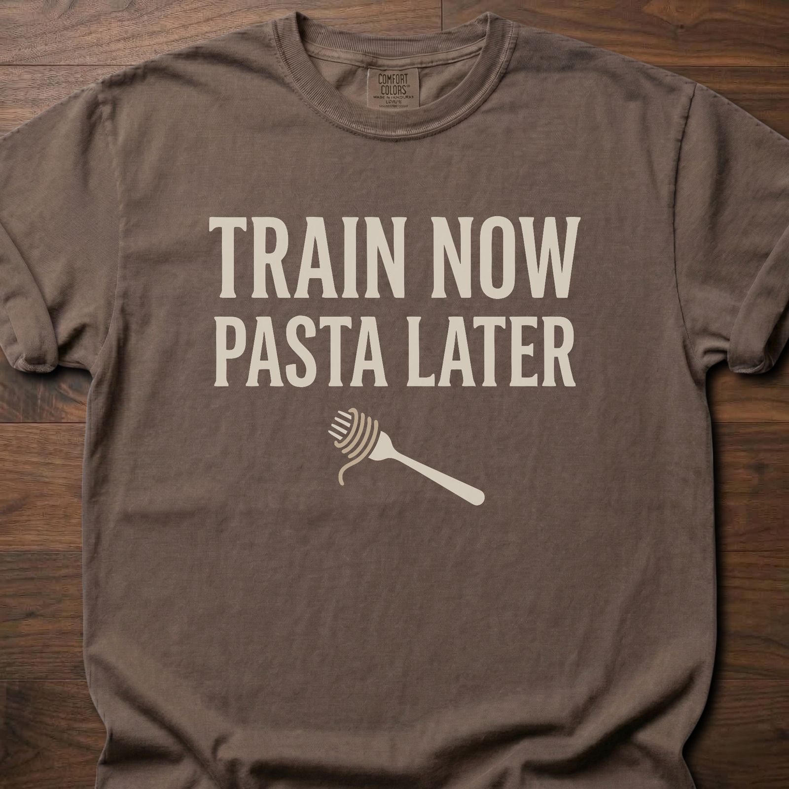 Train Now Pasta Later gym lifestyle shirt with pasta fork graphic for carb-loving lifters – Espresso
