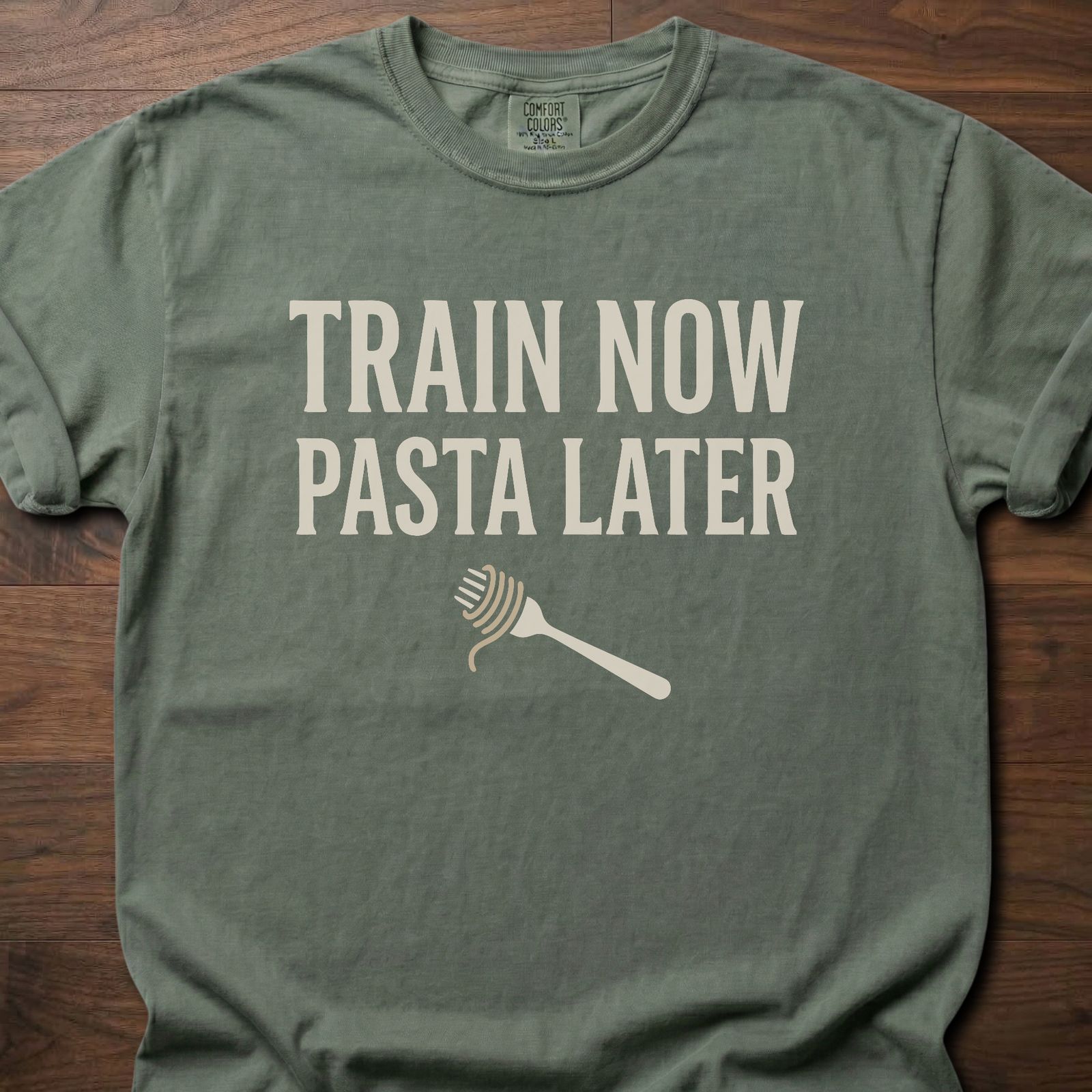 Train Now Pasta Later gym lifestyle shirt with pasta fork graphic for carb-loving lifters – Moss