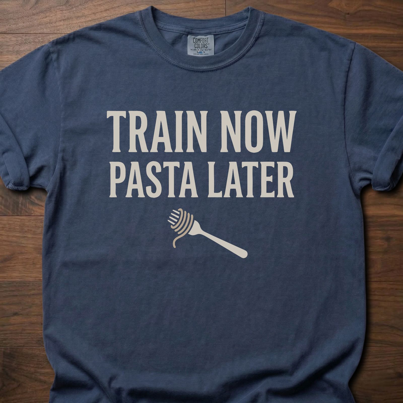 Train Now Pasta Later gym lifestyle shirt with pasta fork graphic for carb-loving lifters – Navy