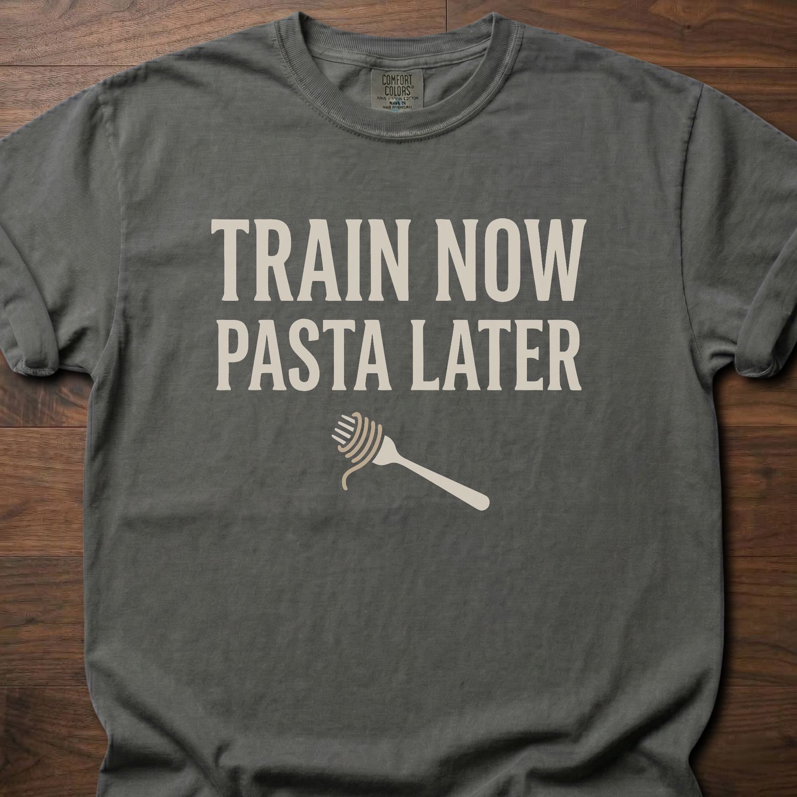 Train Now Pasta Later gym lifestyle shirt with pasta fork graphic for carb-loving lifters – Pepper