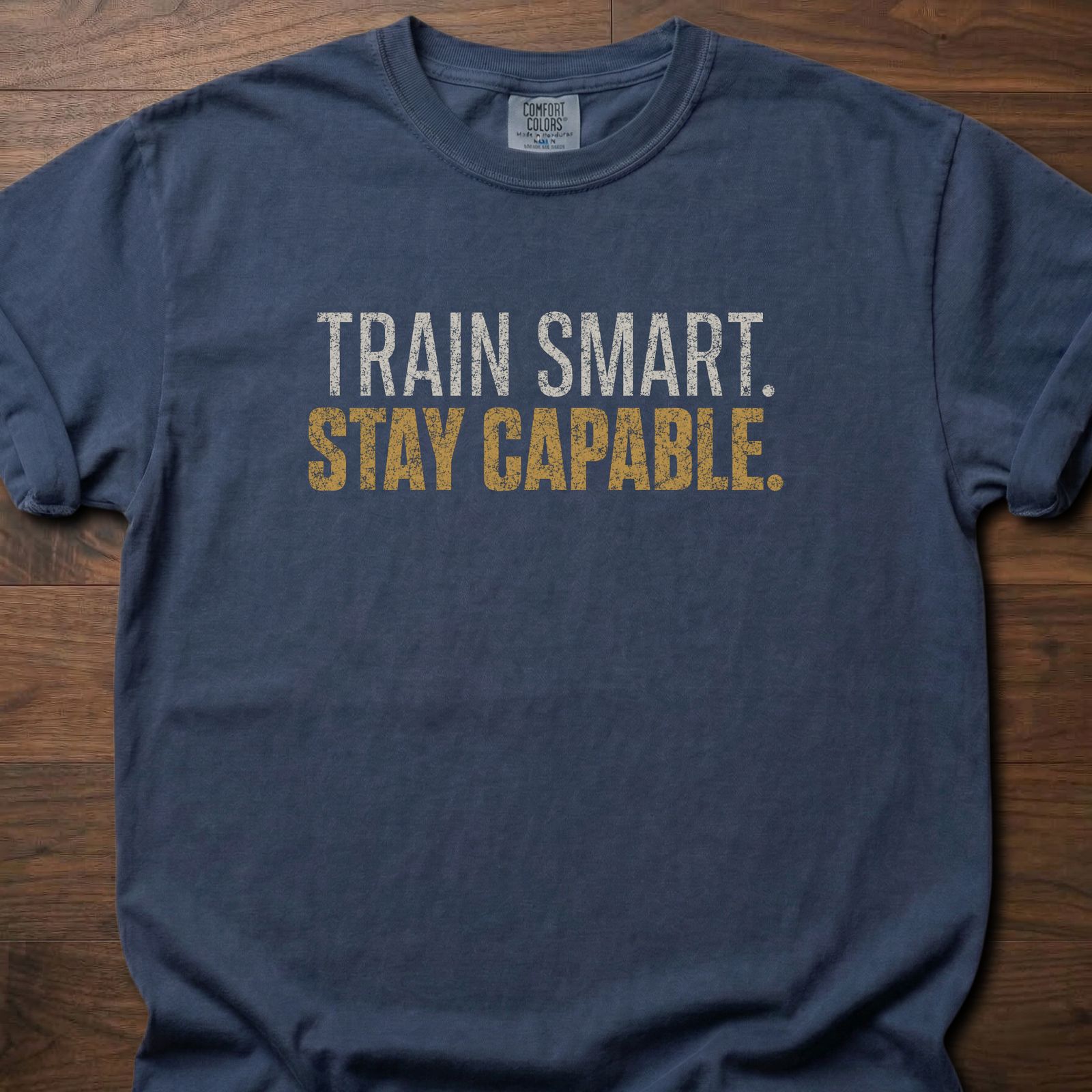 Train Smart Stay Capable strength training t-shirt with bold two-tone distressed lettering – Navy