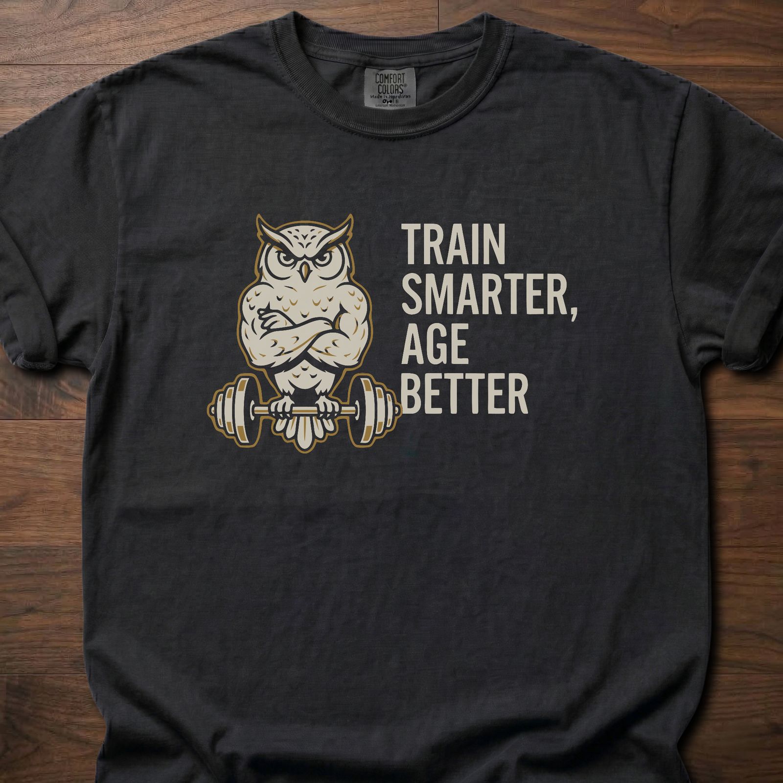 Train Smarter Age Better strength training t shirt featuring wise owl lifting barbell design – Black