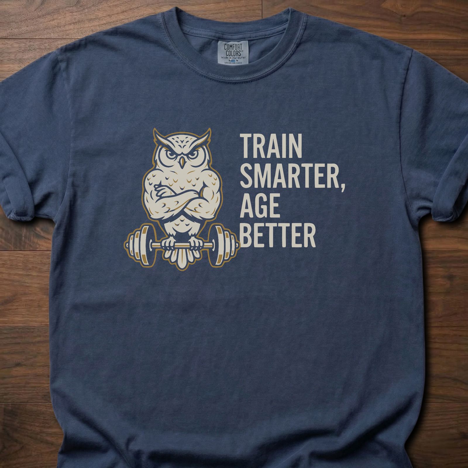 Train Smarter Age Better strength training t shirt featuring wise owl lifting barbell design – Navy