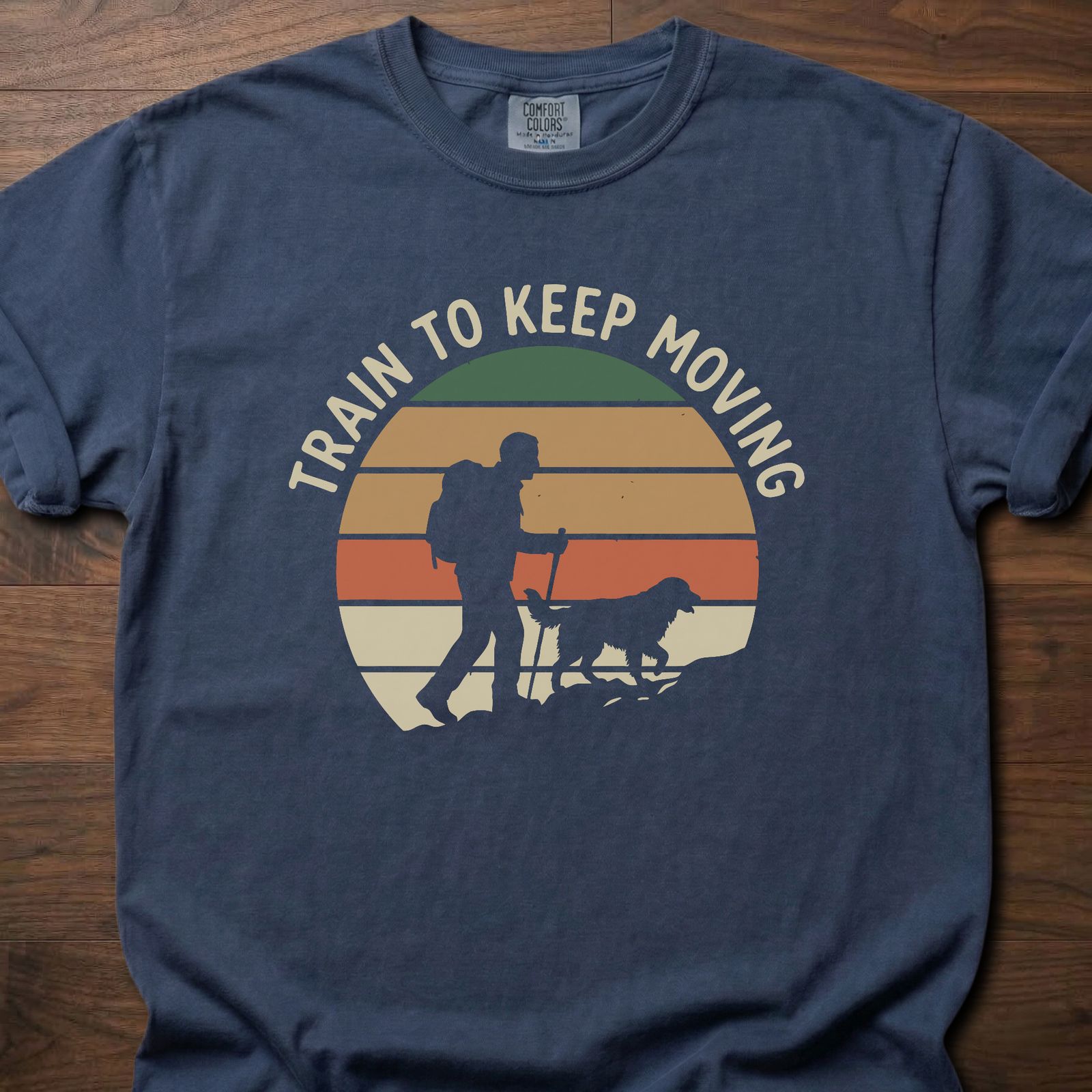 Train To Keep Moving strength training t shirt featuring hiker with dog and sunset mountain silhouette – Navy
