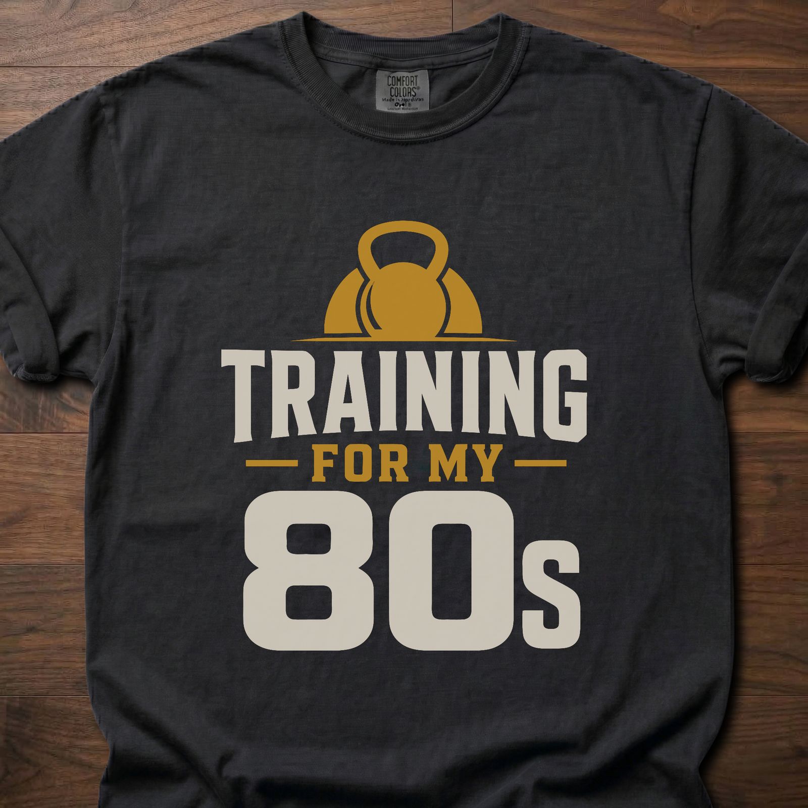Training For My 80s T-Shirt with kettlebell design for longevity fitness apparel – Black
