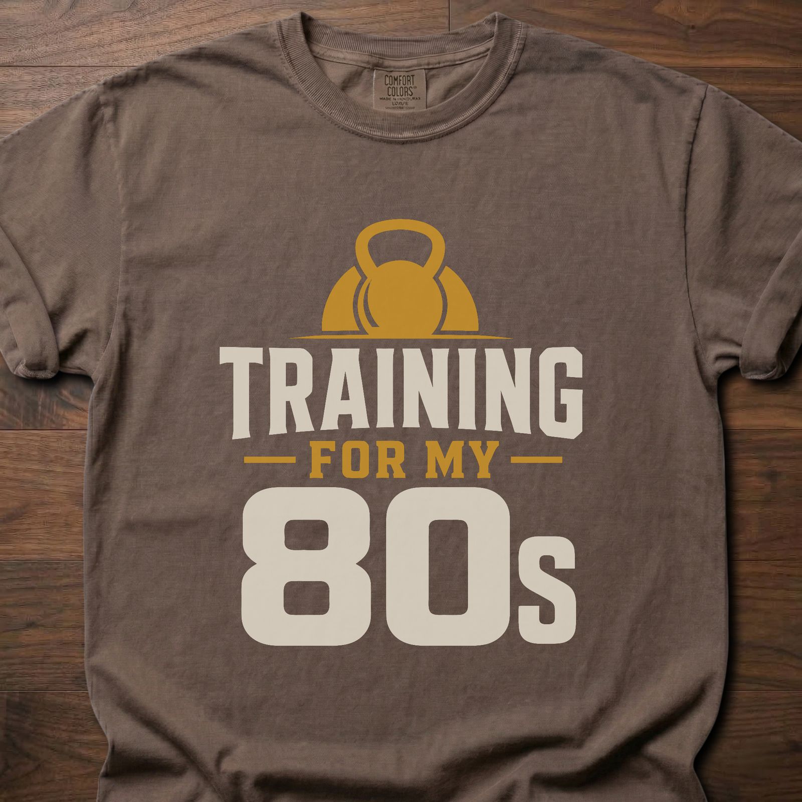 Training For My 80s T-Shirt with kettlebell design for longevity fitness apparel – Espresso