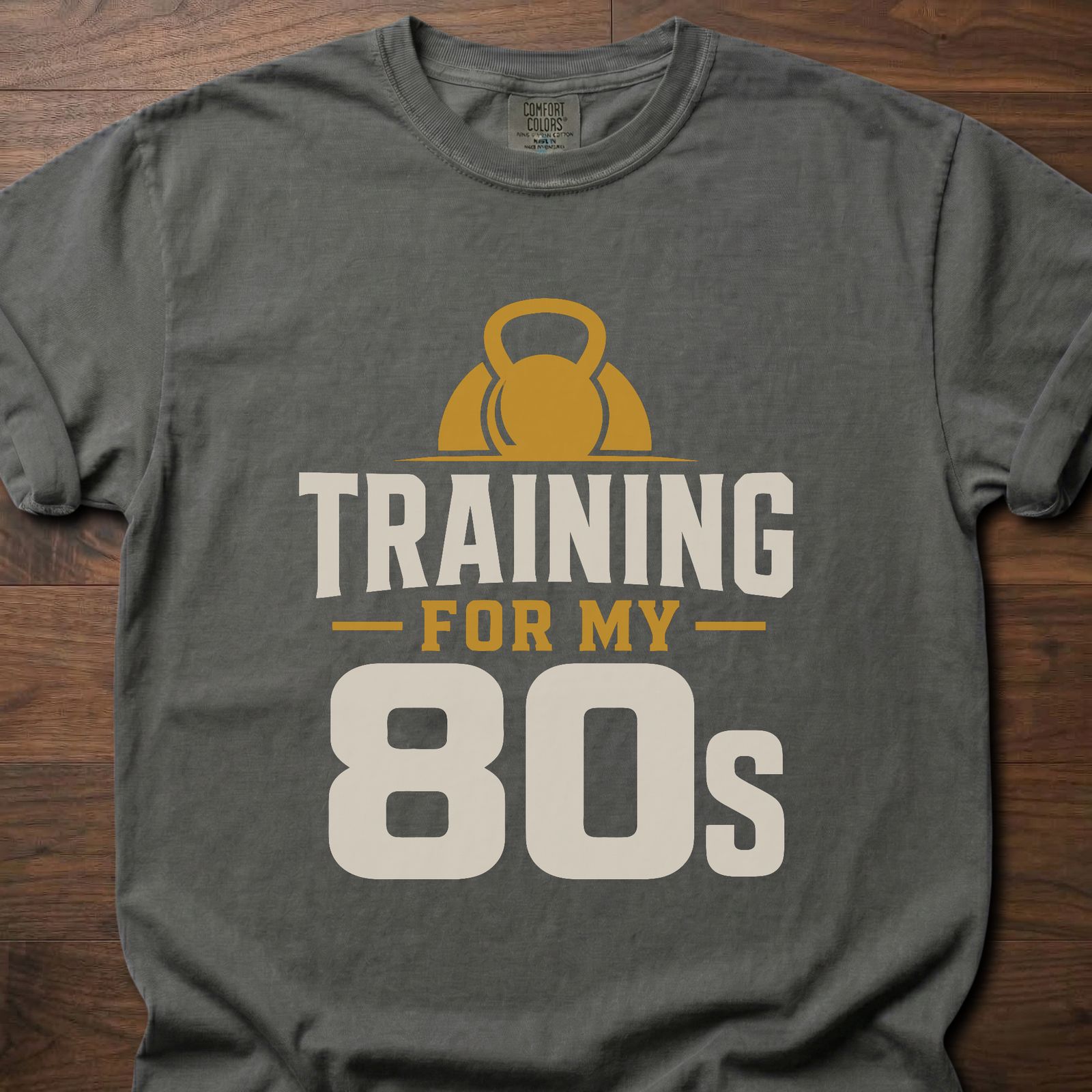 Training For My 80s T-Shirt with kettlebell design for longevity fitness apparel – Pepper