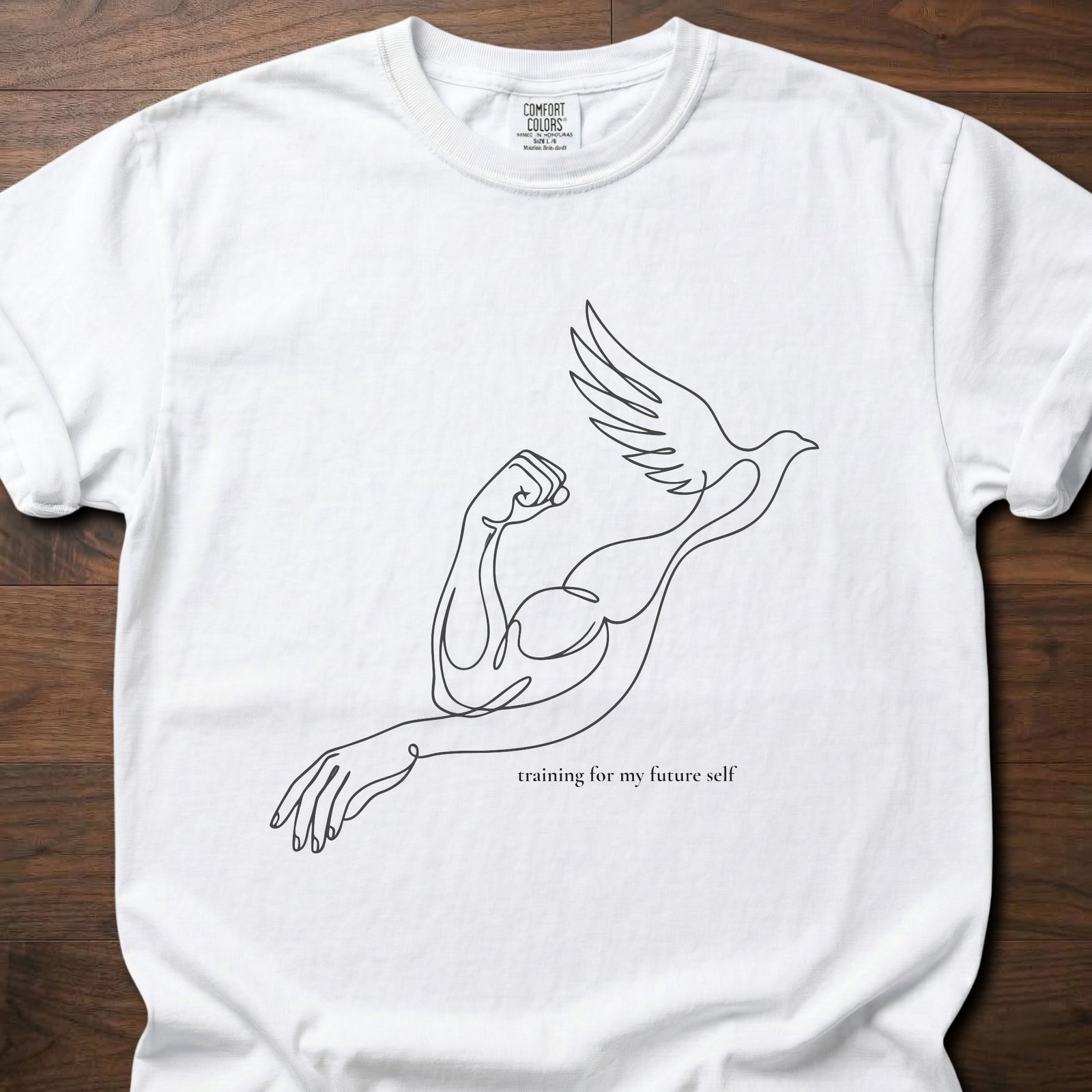 Training for My Future Self strength training t-shirt with figure lifting bird in flight design – White