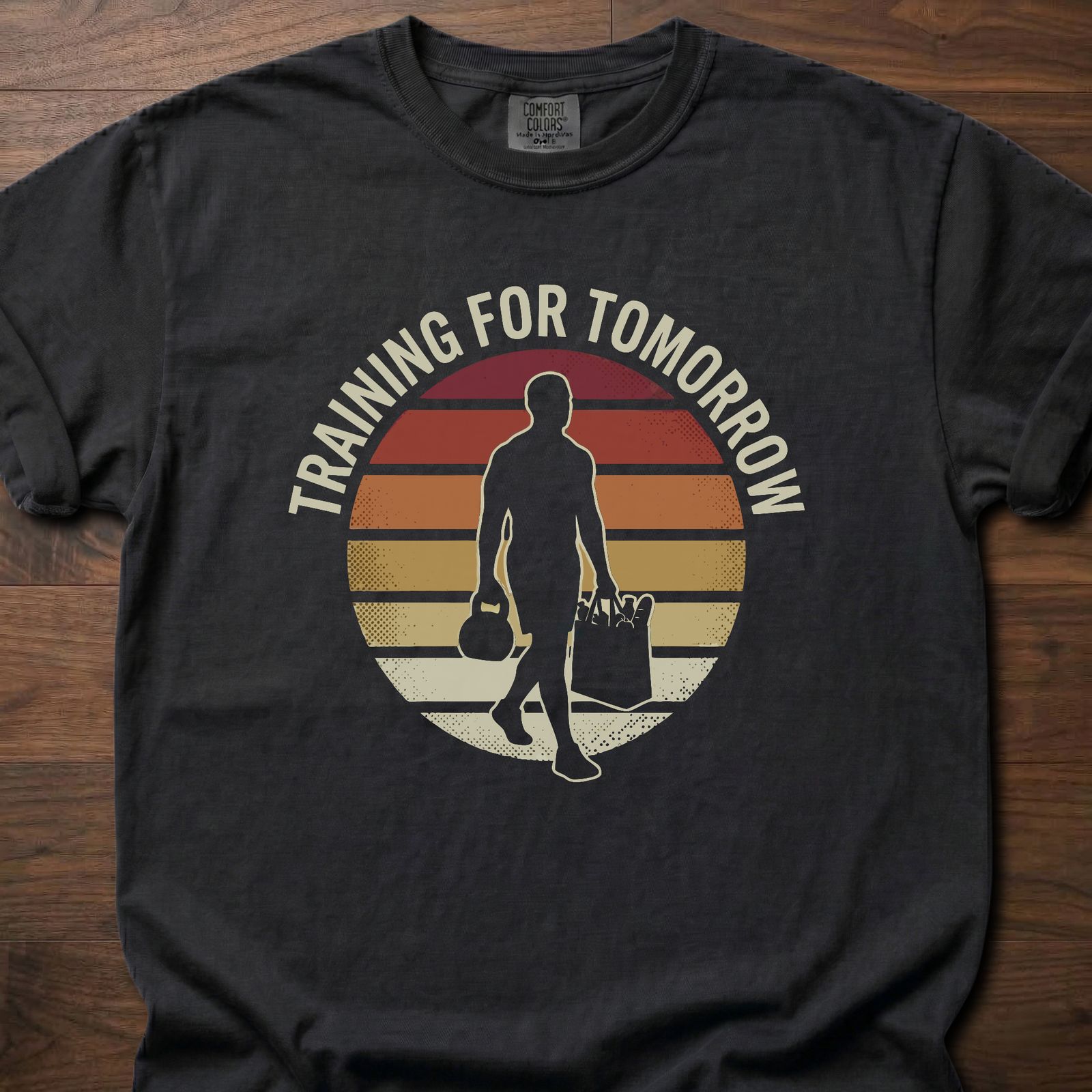 Training For Tomorrow strength training t-shirt with sunset silhouette carrying gym bags – Black