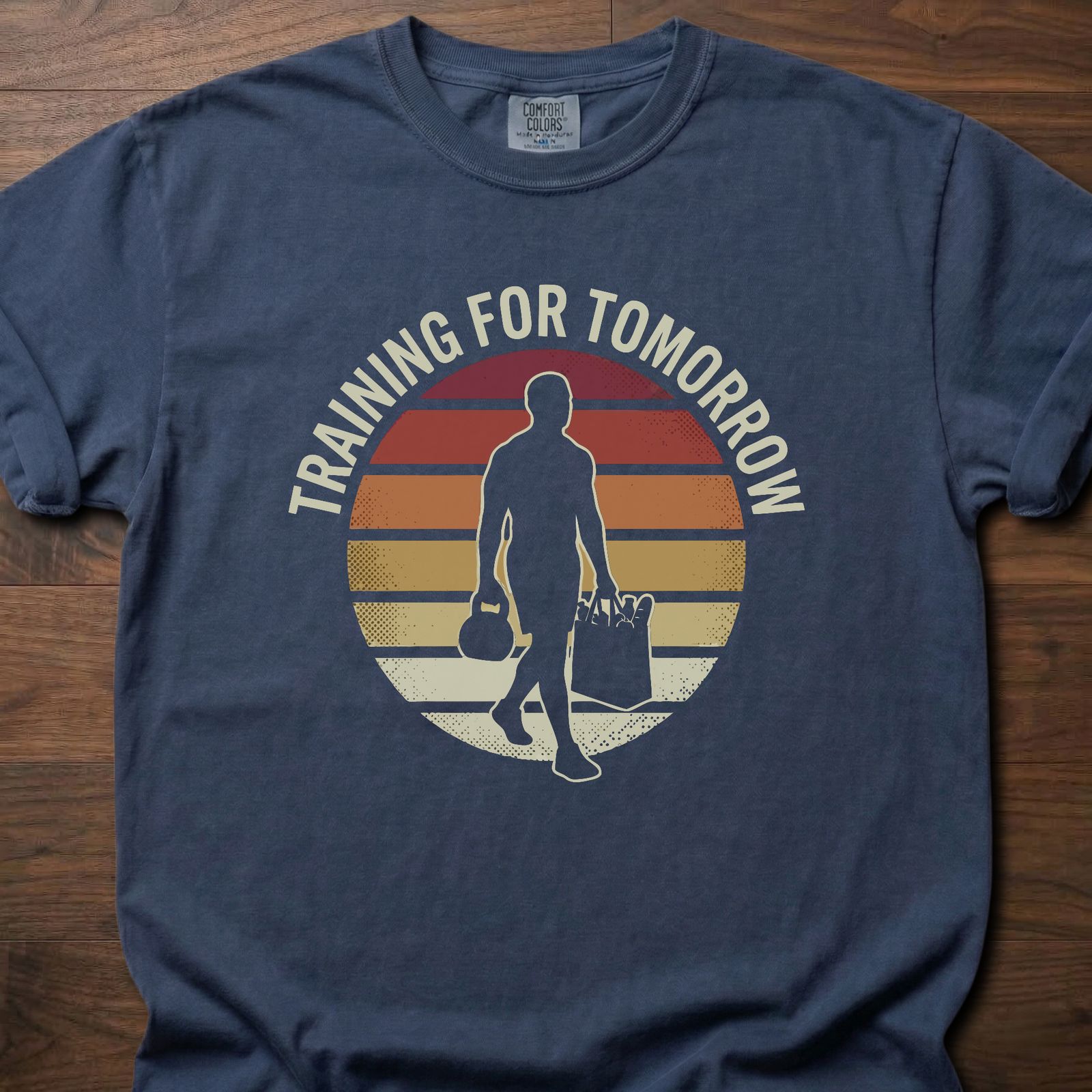 Training For Tomorrow strength training t-shirt with sunset silhouette carrying gym bags – Navy