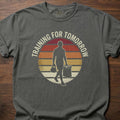 Training For Tomorrow strength training t-shirt with sunset silhouette carrying gym bags – Pepper